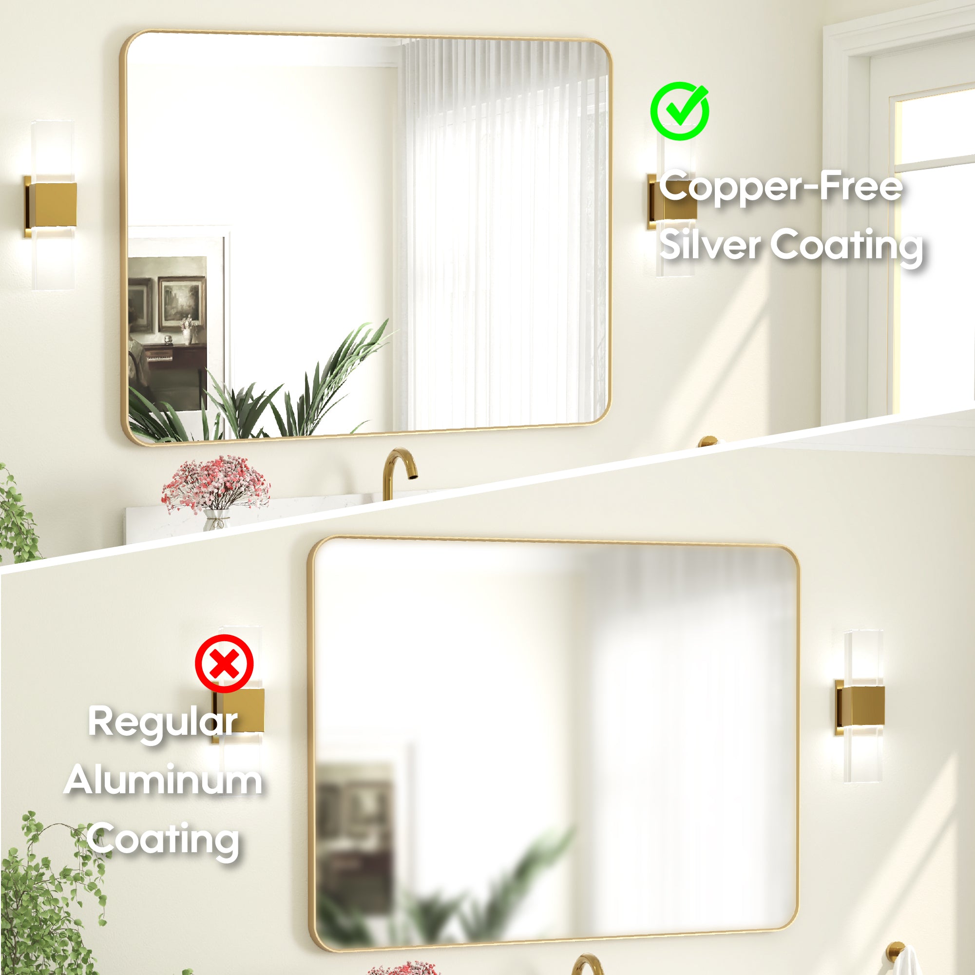 48-in W x 36-in H Brushed Gold Rectangular Framed Bathroom Vanity Mirror