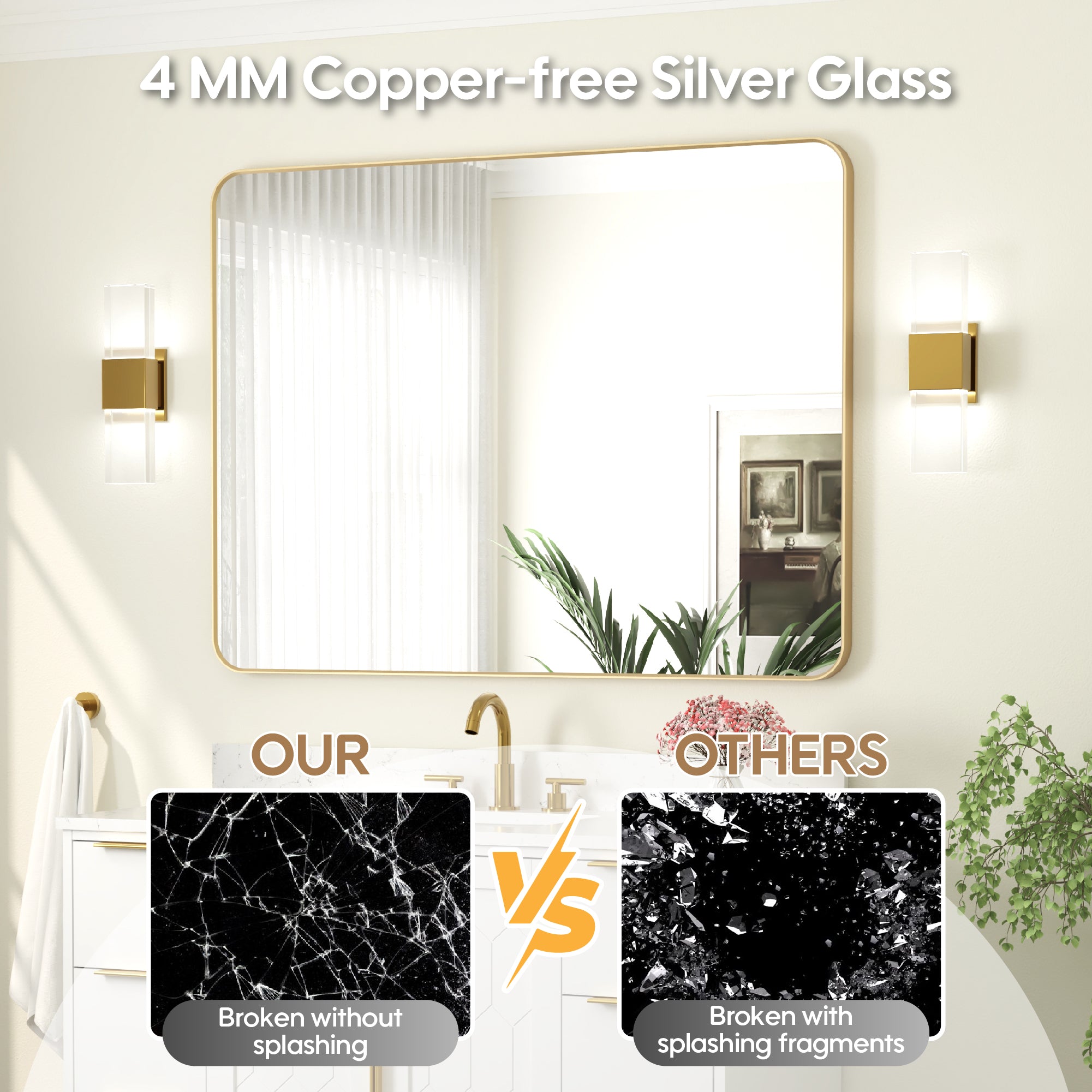 48-in W x 36-in H Brushed Gold Rectangular Framed Bathroom Vanity Mirror