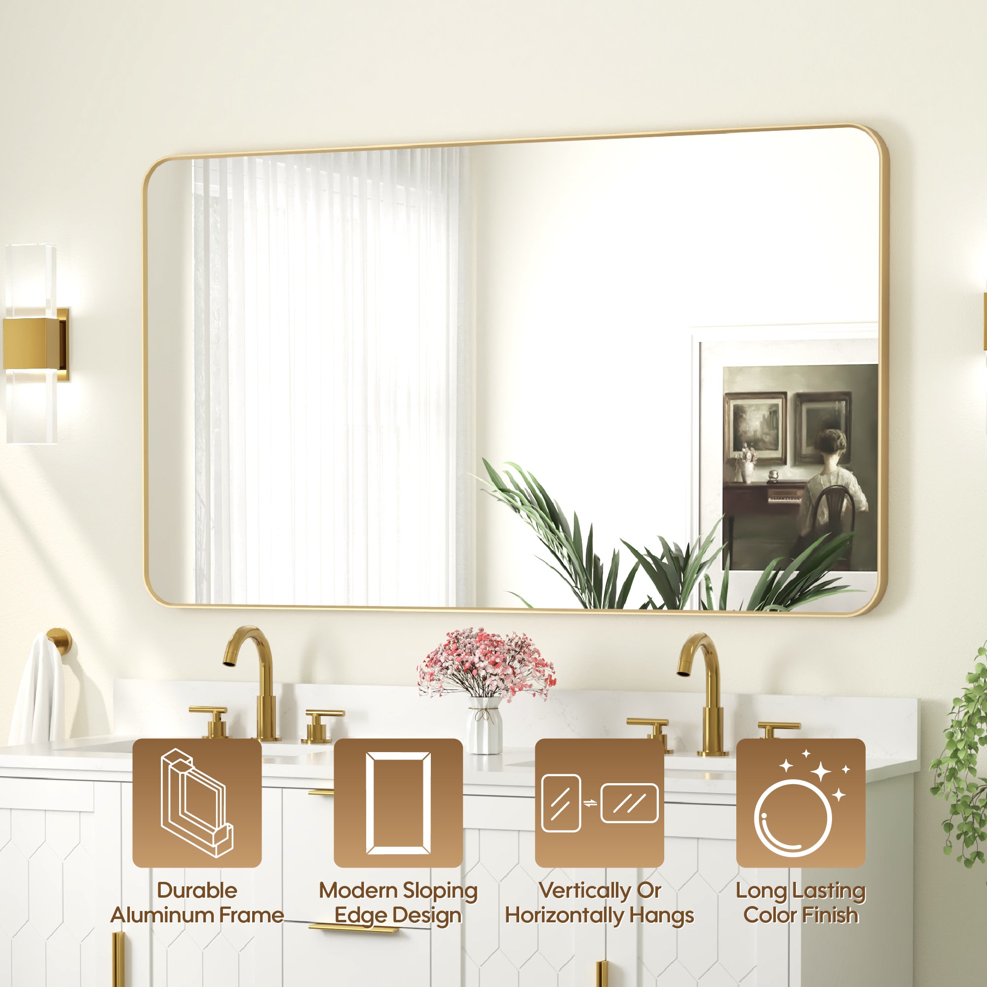 55-in W x 32-in H Brushed Gold Rectangular Framed Bathroom Vanity Mirror