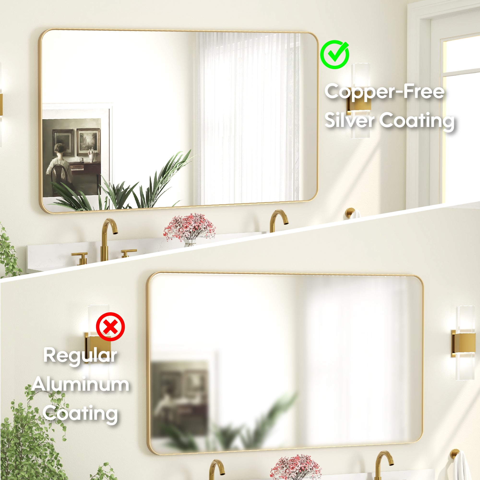 55-in W x 32-in H Brushed Gold Rectangular Framed Bathroom Vanity Mirror