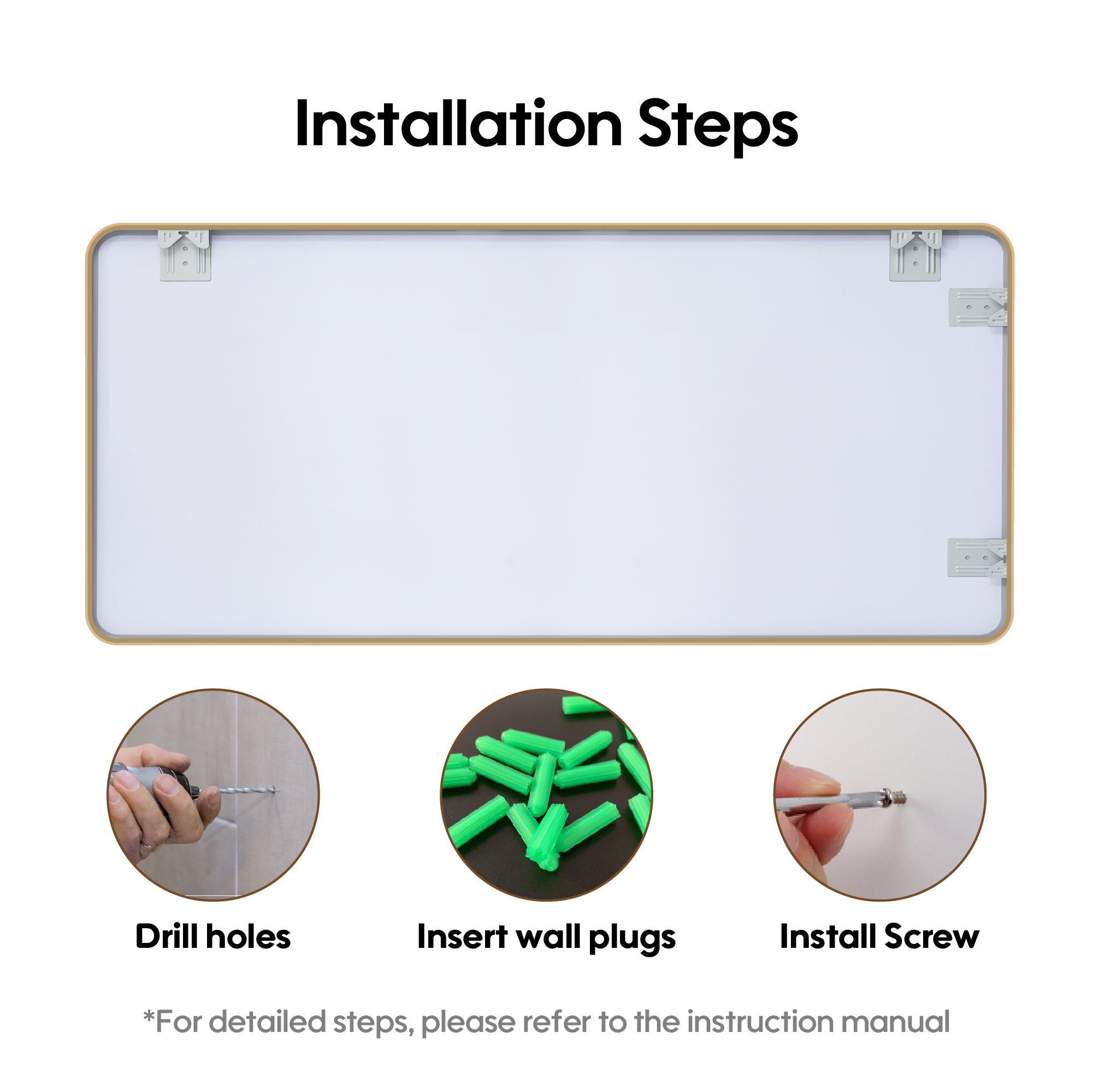 55-in W x 32-in H Brushed Gold Rectangular Framed Bathroom Vanity Mirror