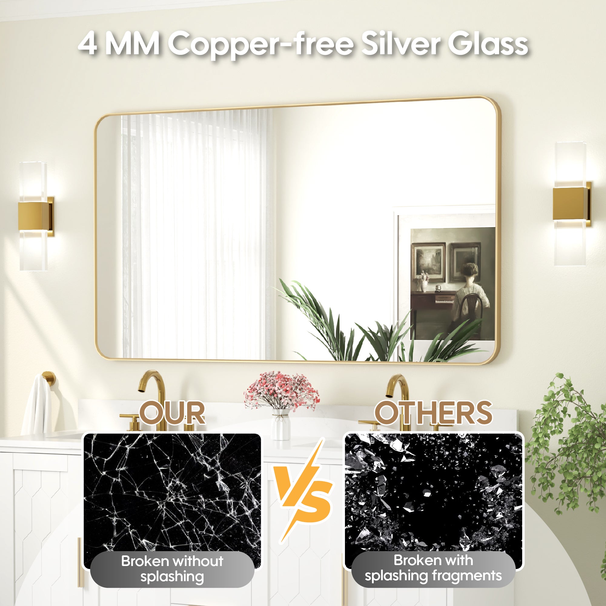 55-in W x 32-in H Brushed Gold Rectangular Framed Bathroom Vanity Mirror