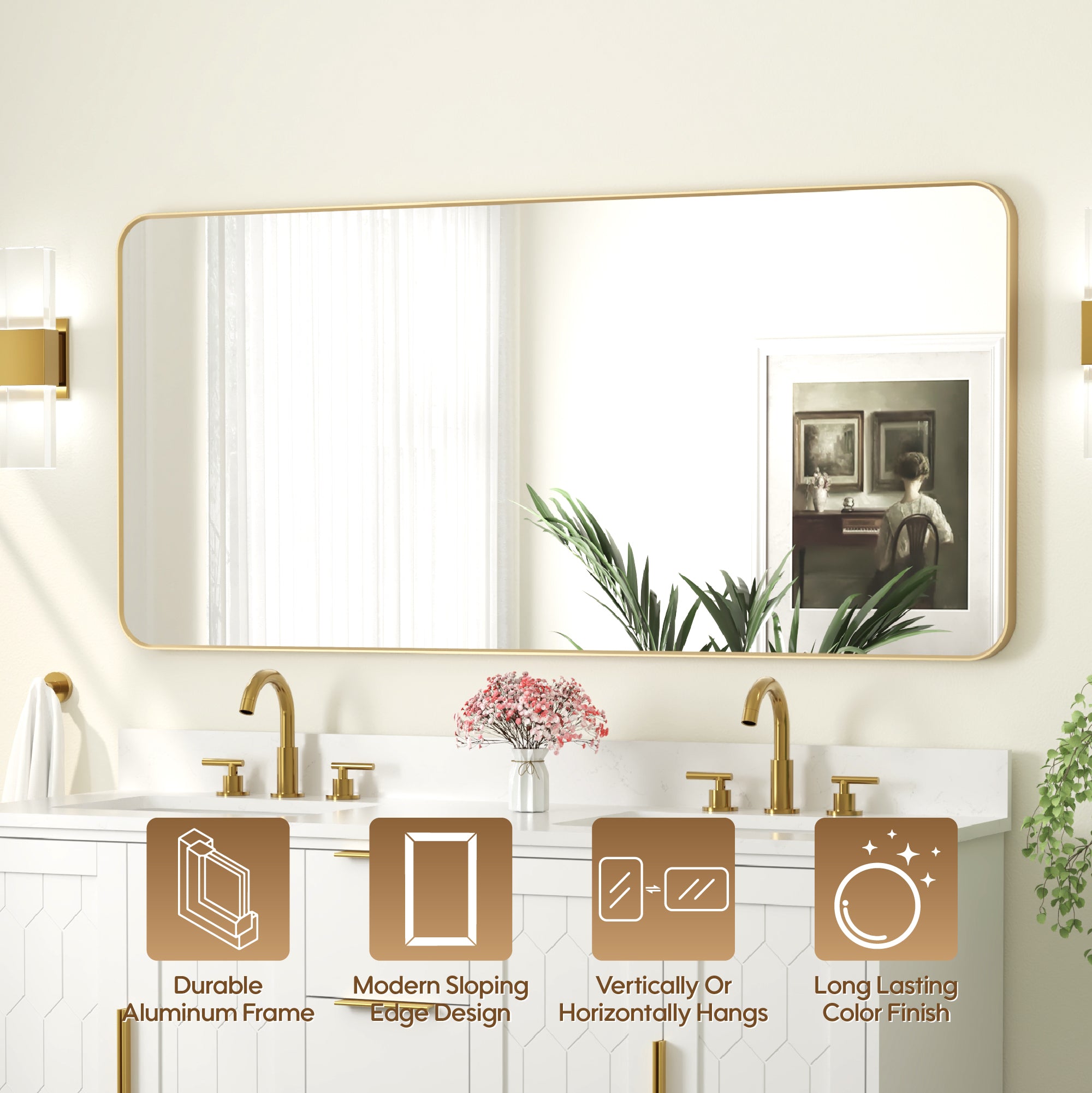 60-in W x 28-in H Brushed Gold Rectangular Framed Bathroom Vanity Mirror