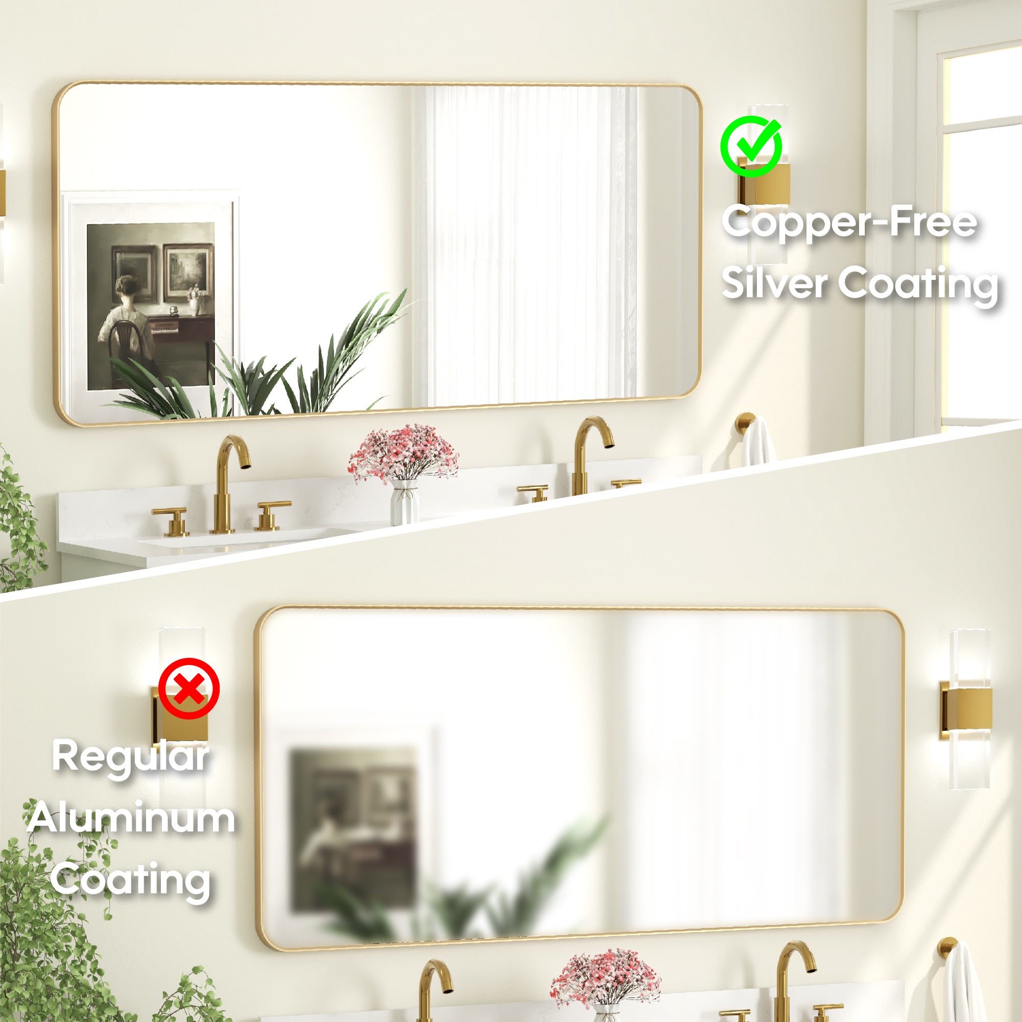 60-in W x 28-in H Brushed Gold Rectangular Framed Bathroom Vanity Mirror