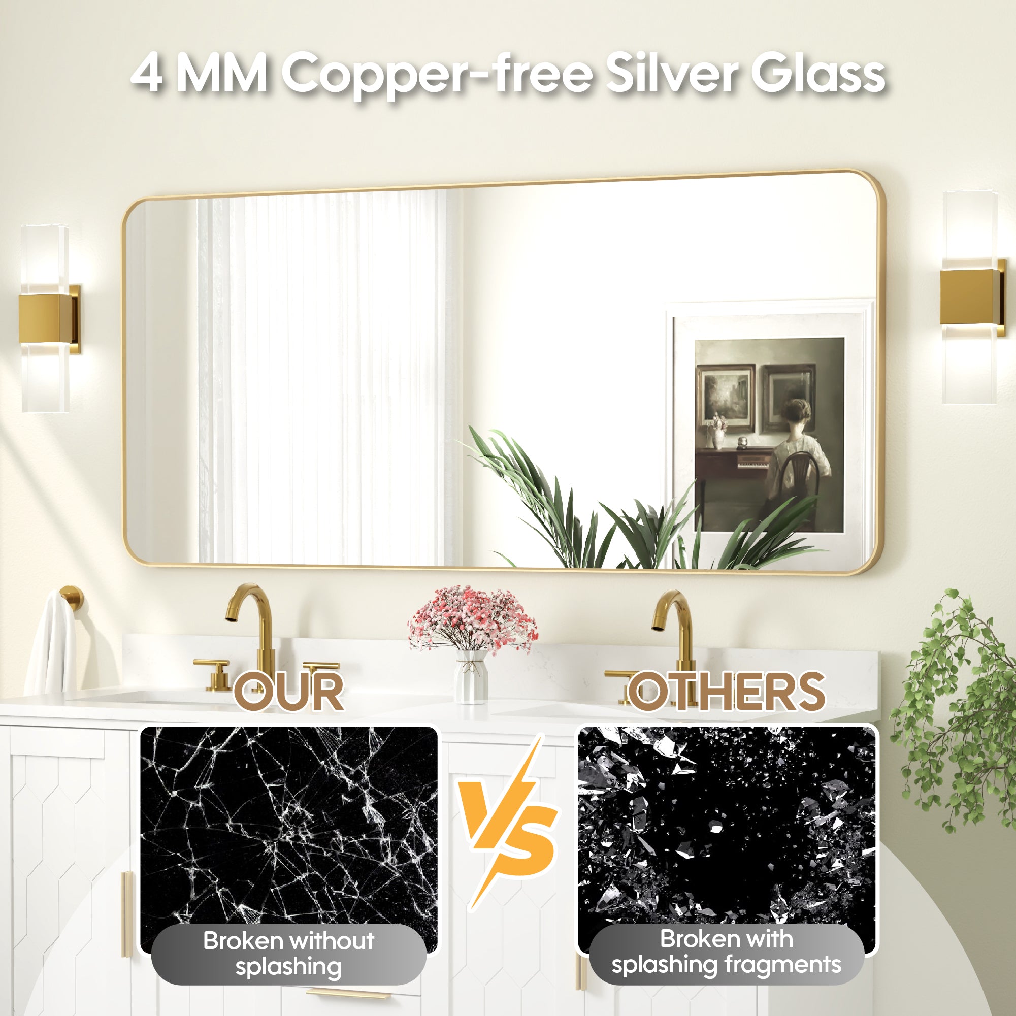 60-in W x 28-in H Brushed Gold Rectangular Framed Bathroom Vanity Mirror