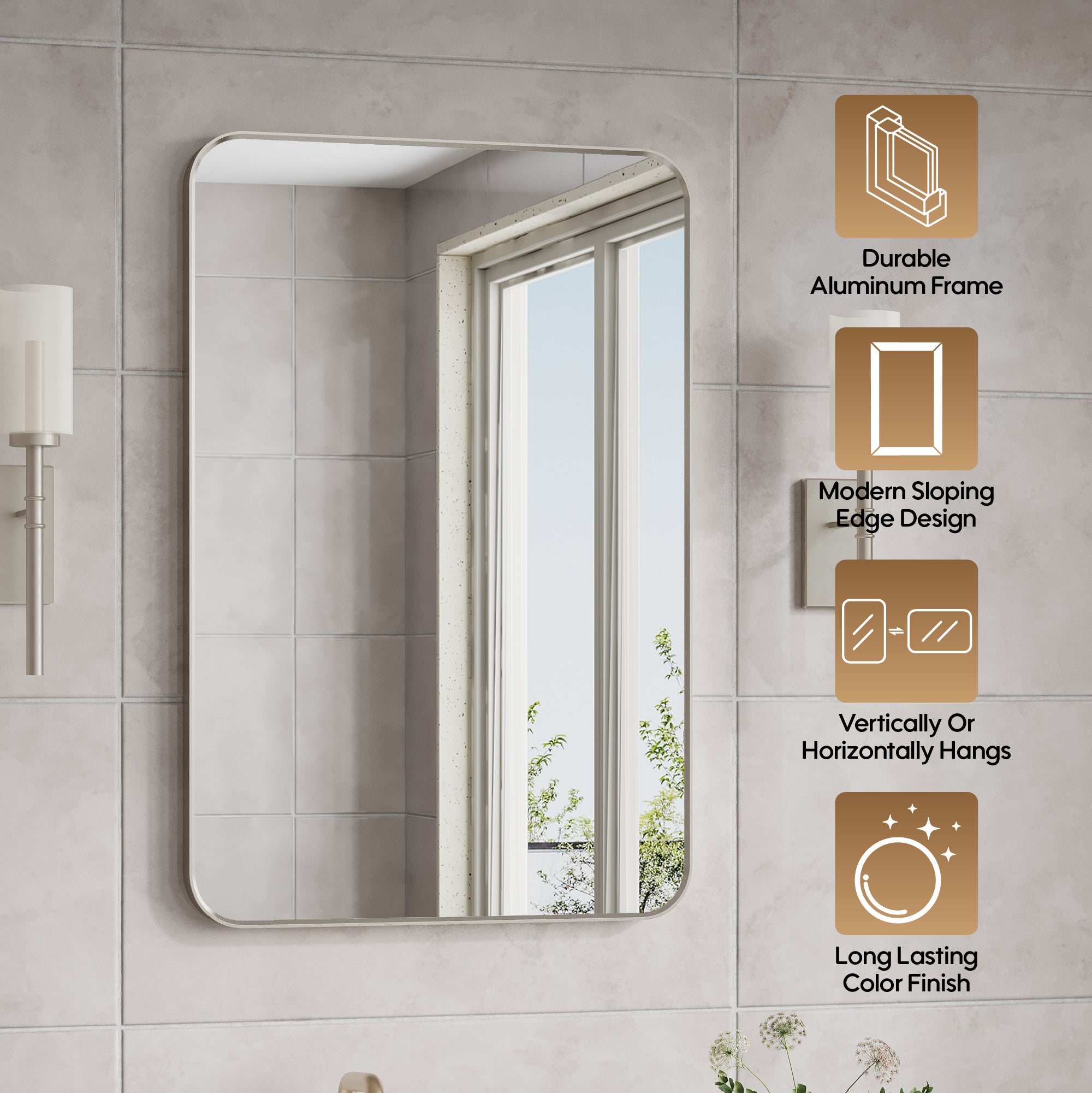 24-in W x 36-in H Brushed Nickel Rectangular Framed Bathroom Vanity Mirror