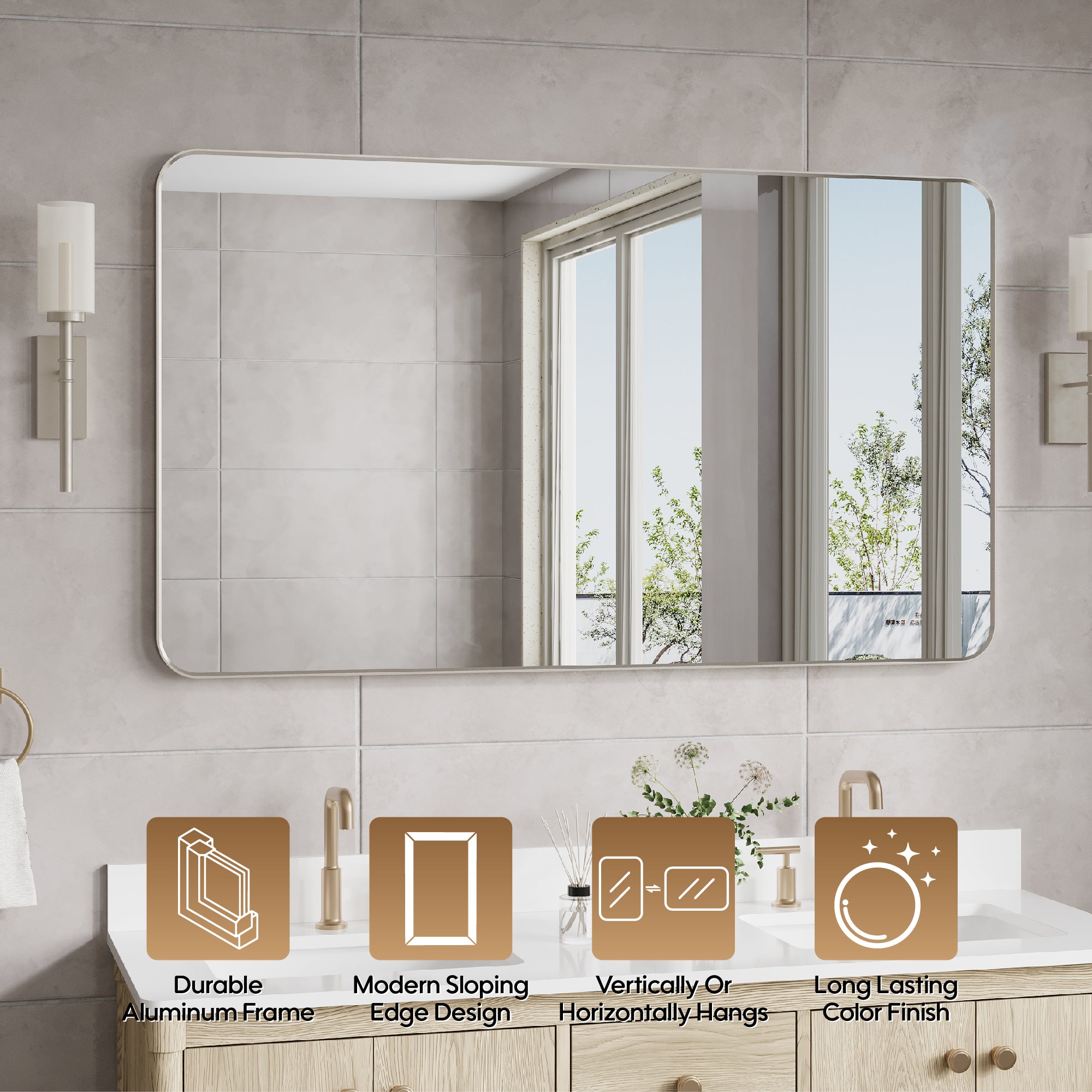 55-in W x 32-in H Brushed Nickel Rectangular Framed Bathroom Vanity Mirror