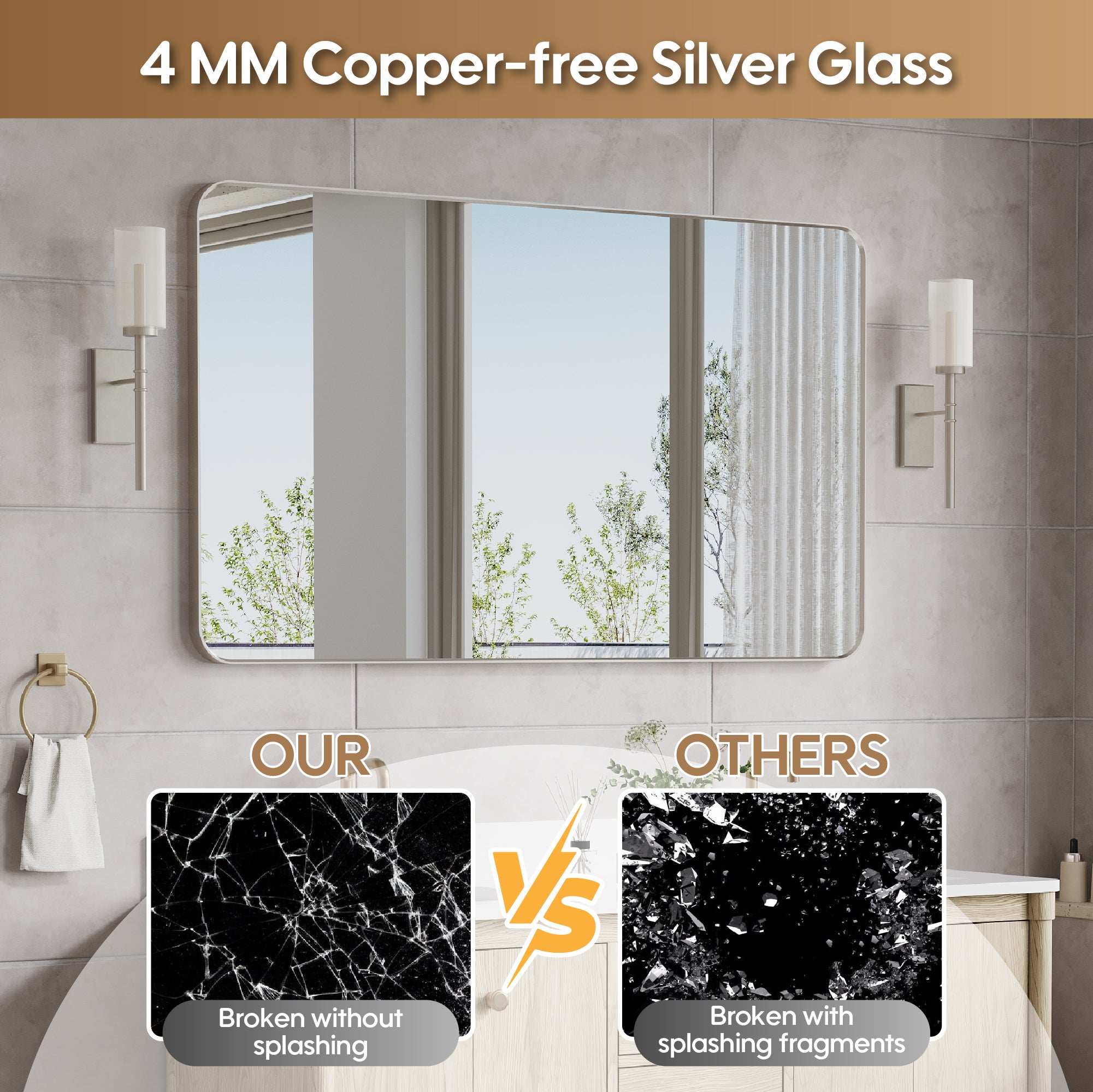 55-in W x 32-in H Brushed Nickel Rectangular Framed Bathroom Vanity Mirror