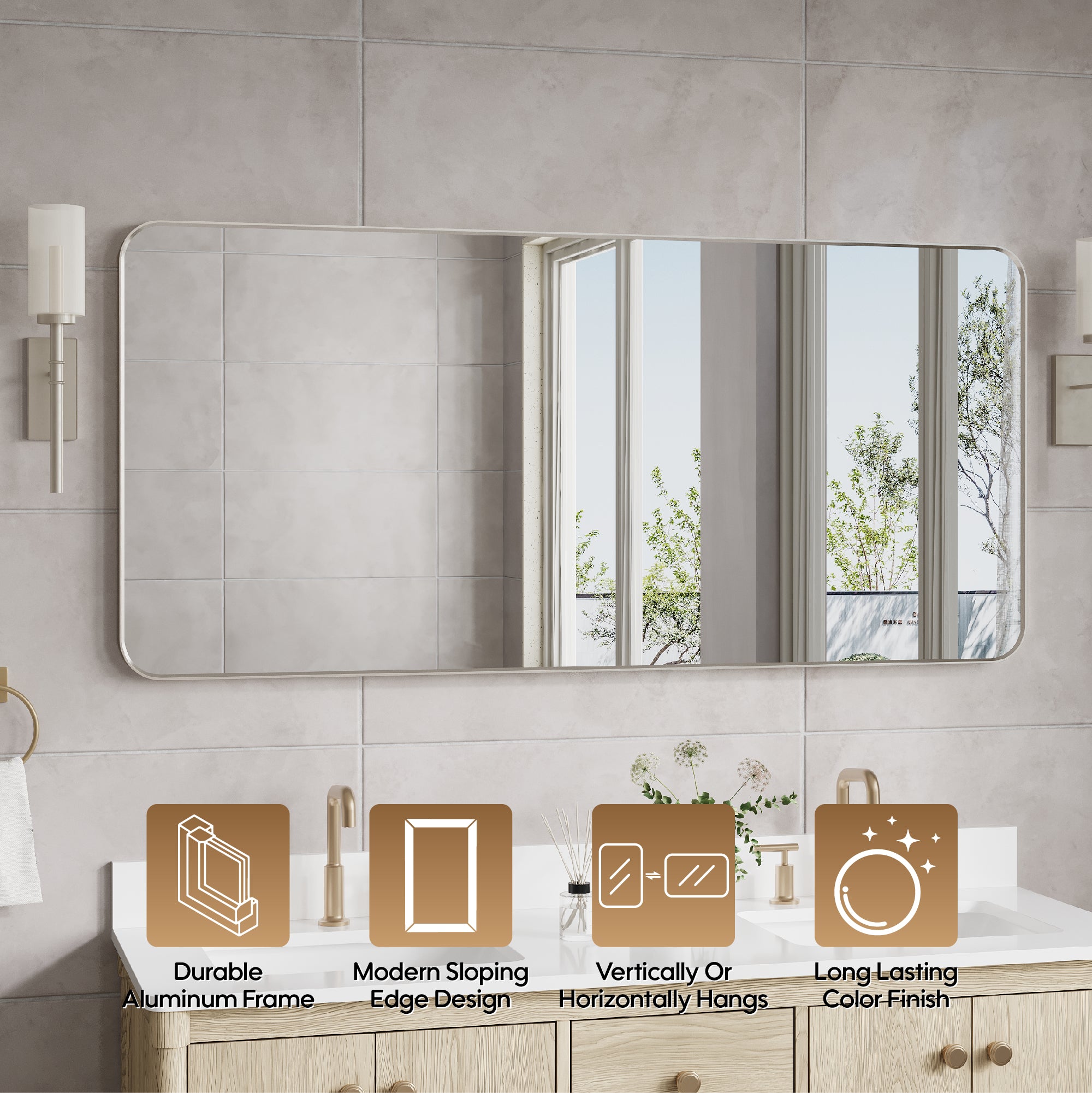 60-in W x 28-in H Brushed Nickel Rectangular Framed Bathroom Vanity Mirror