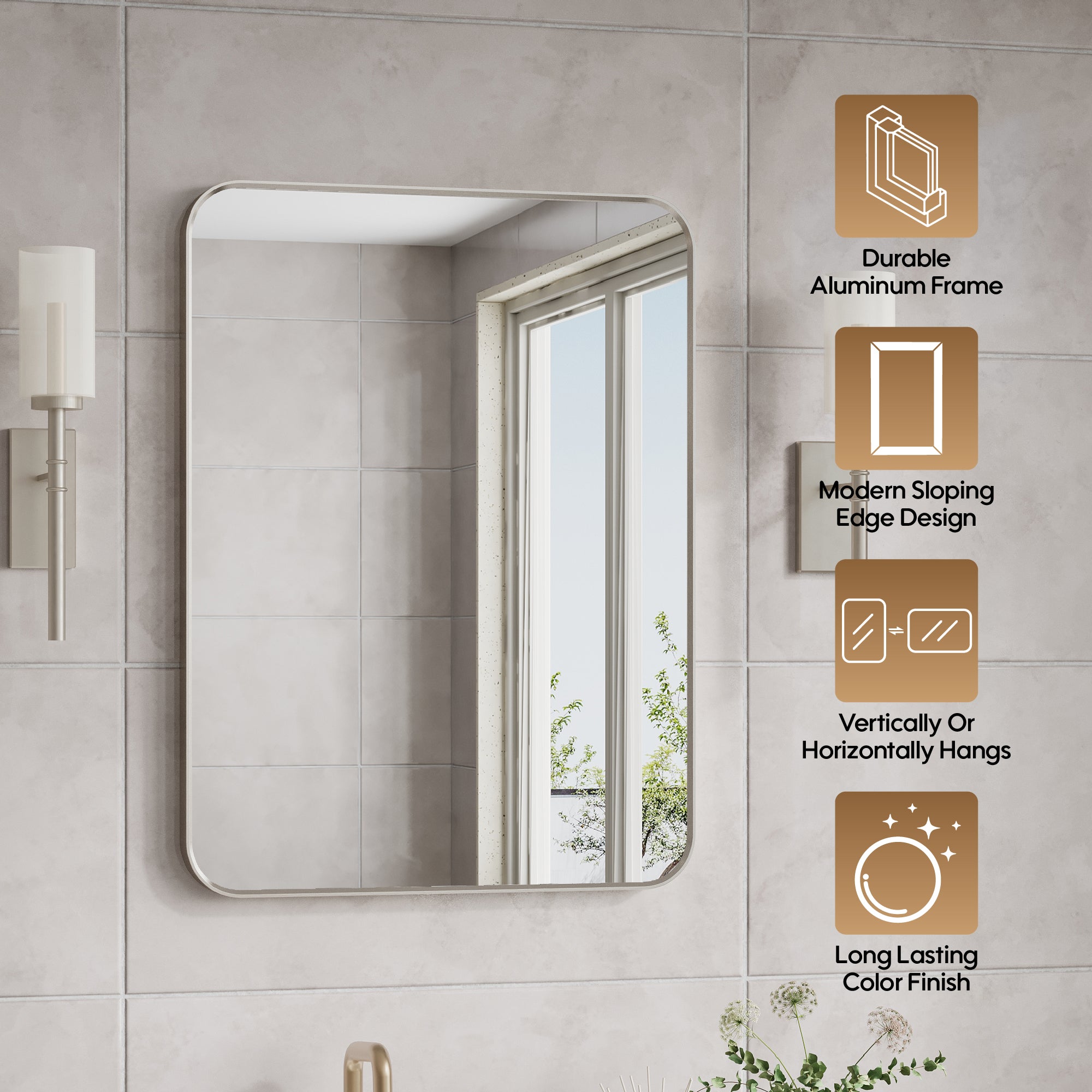 24-in W x 32-in H Brushed Nickel Rectangular Framed Bathroom Vanity Mirror