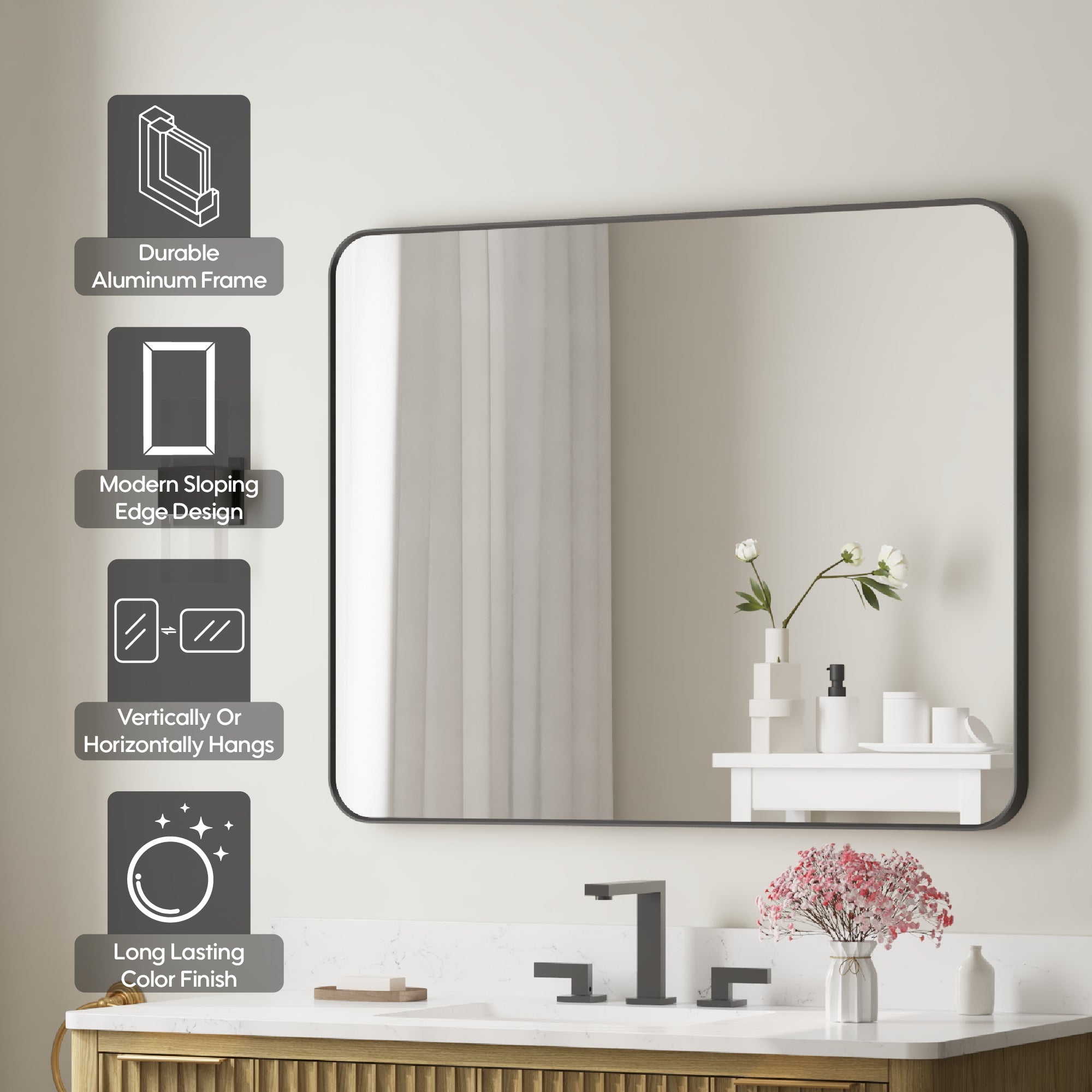 40-in W x 32-in H Black Rectangular Framed Bathroom Vanity Mirror