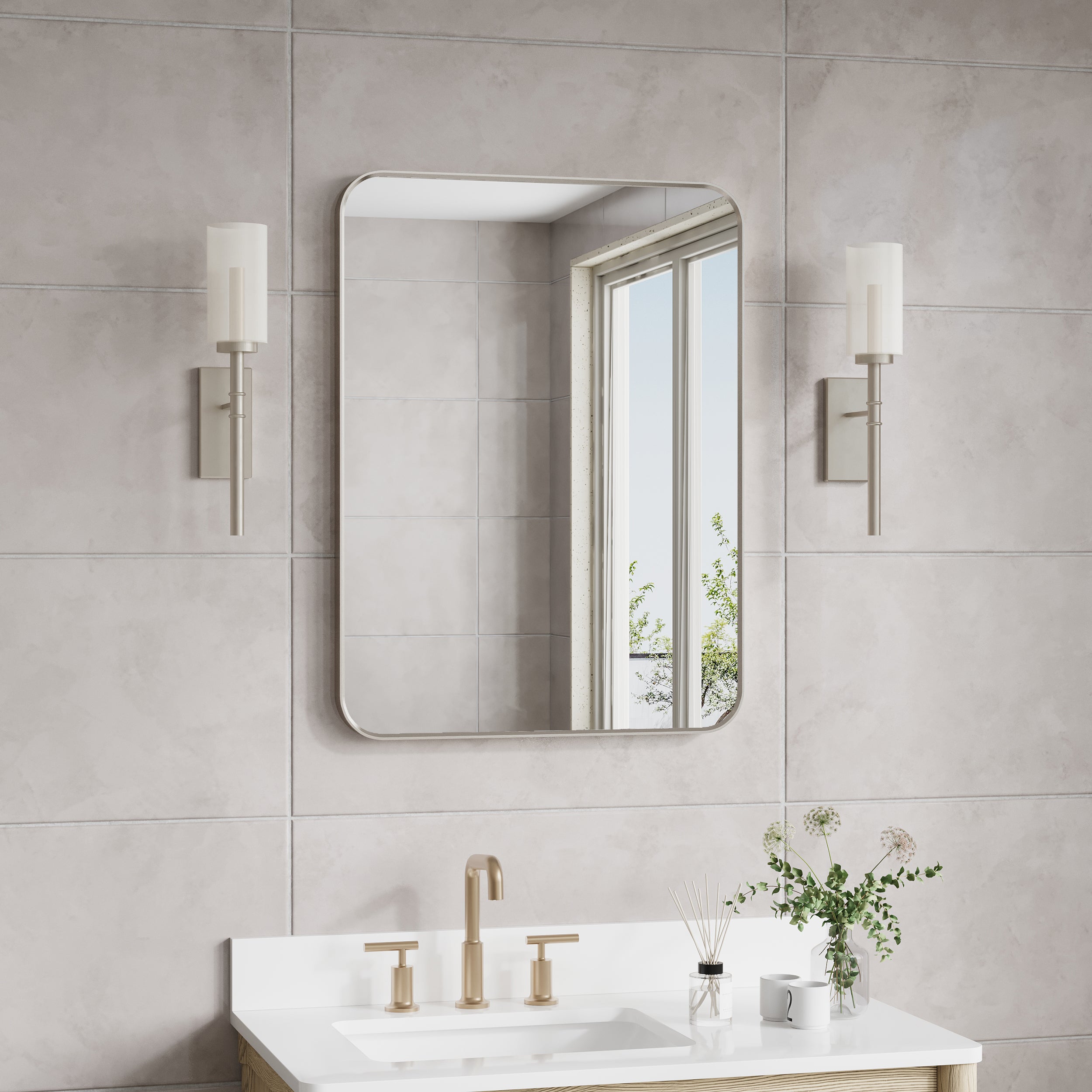 24-in W x 32-in H Brushed Nickel Rectangular Framed Bathroom Vanity Mirror