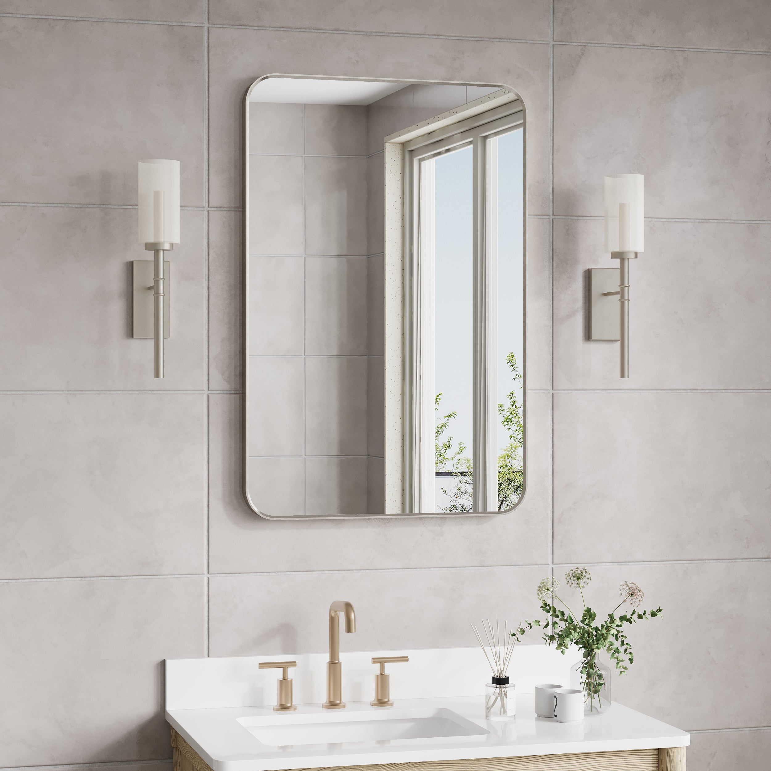 24-in W x 36-in H Brushed Nickel Rectangular Framed Bathroom Vanity Mirror