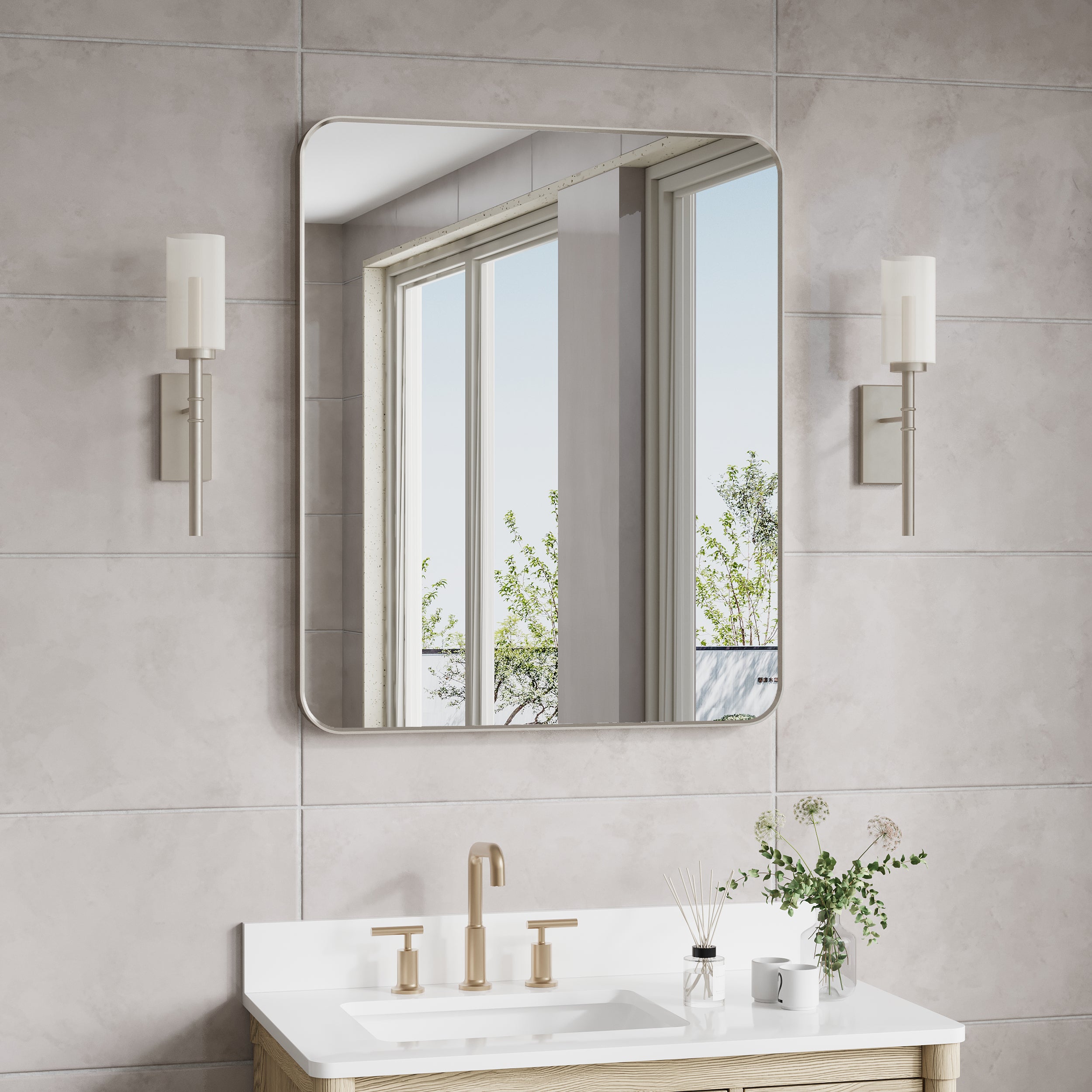 30-in W x 36-in H Brushed Nickel Rectangular Framed Bathroom Vanity Mirror