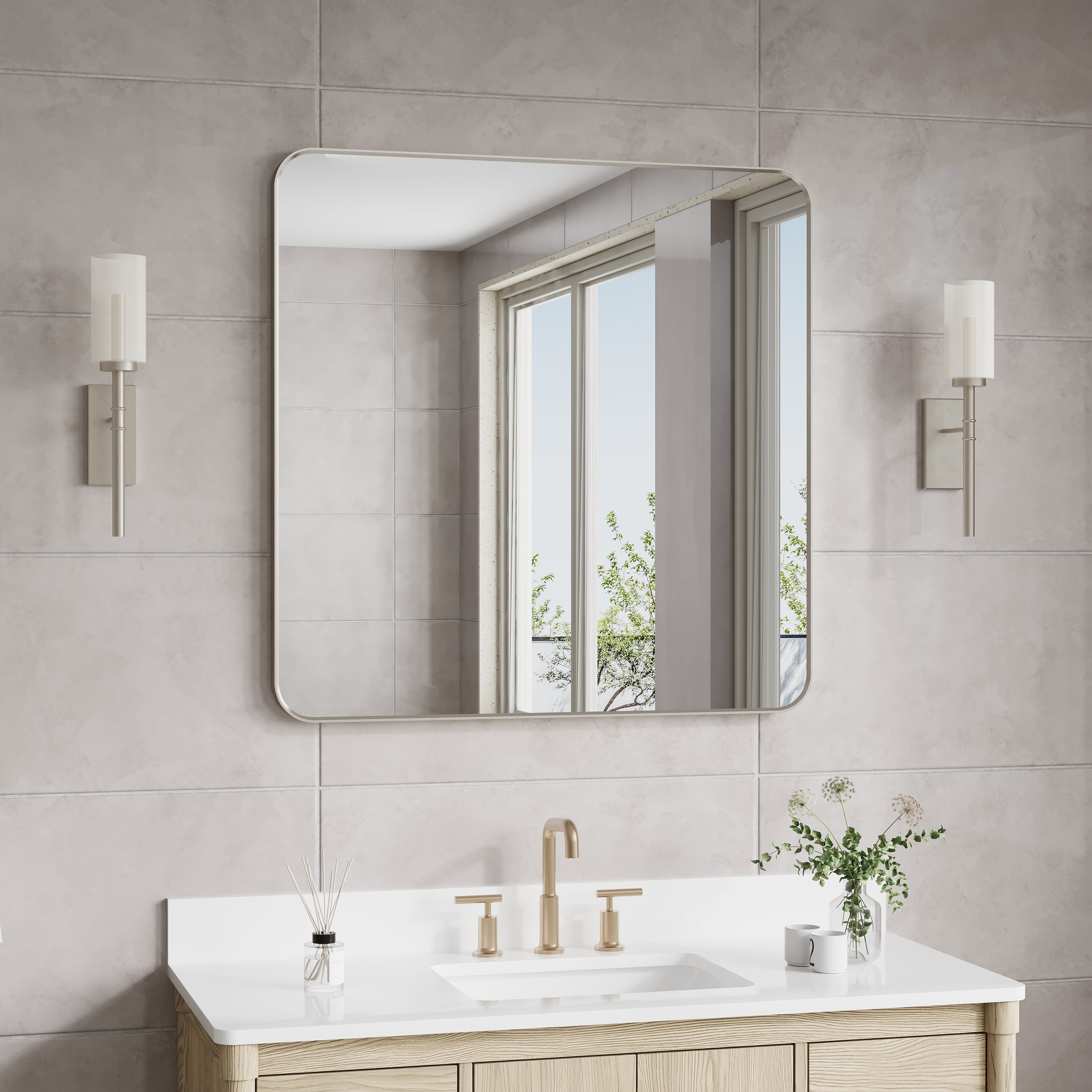 36-in W x 36-in H Brushed Nickel Rectangular Framed Bathroom Vanity Mirror