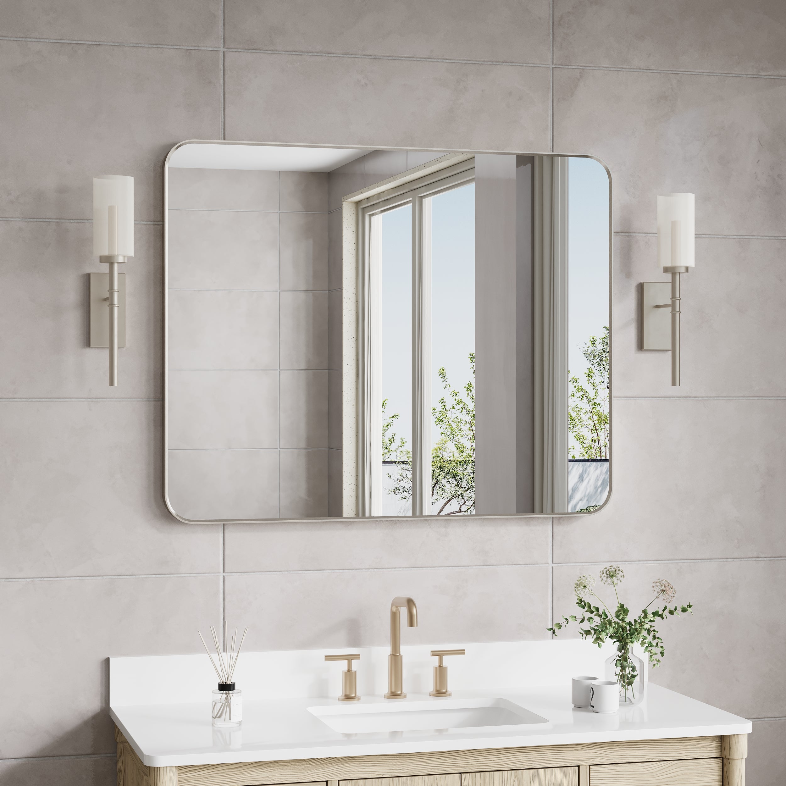 40-in W x 32-in H Brushed Nickel Rectangular Framed Bathroom Vanity Mirror