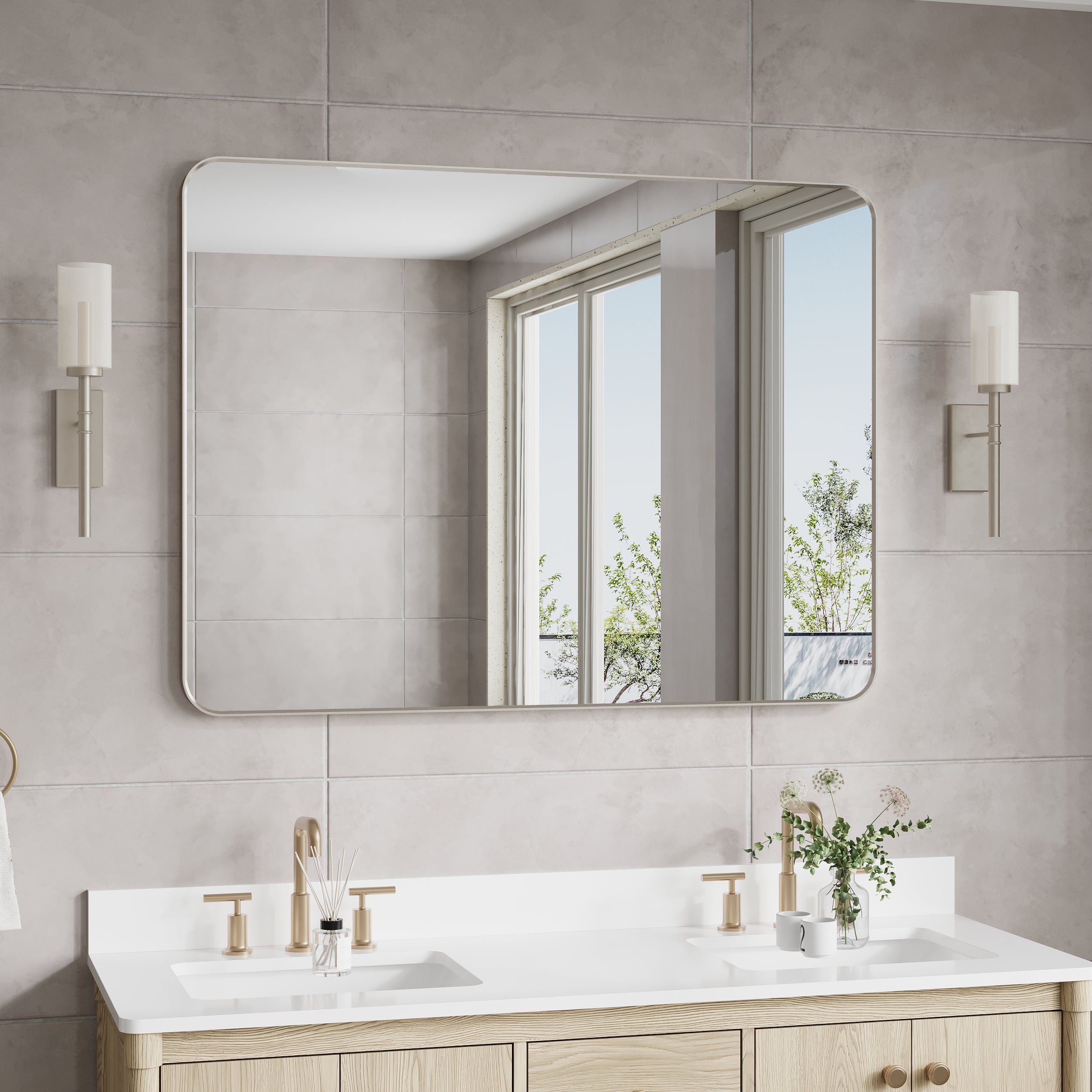48-in W x 36-in H Brushed Nickel Rectangular Framed Bathroom Vanity Mirror