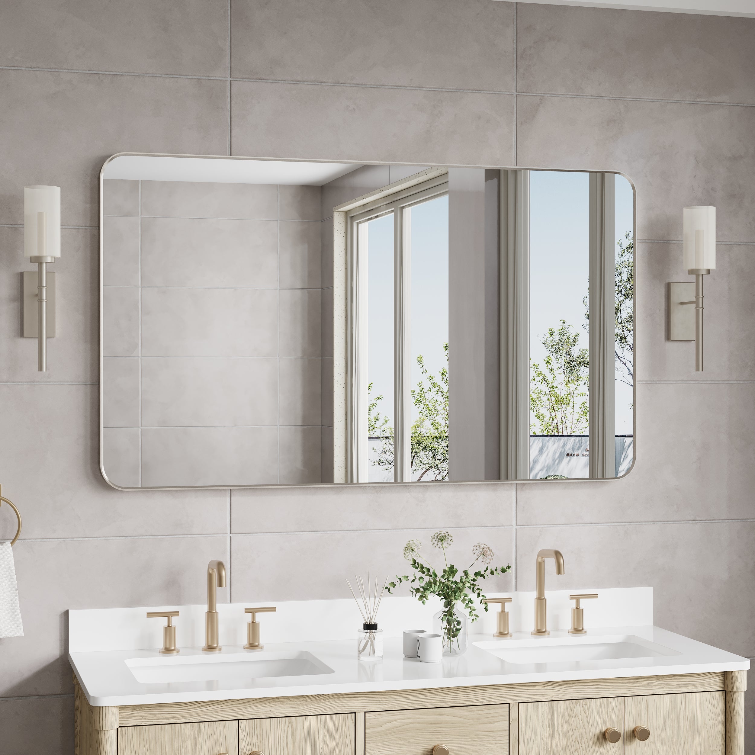 55-in W x 32-in H Brushed Nickel Rectangular Framed Bathroom Vanity Mirror