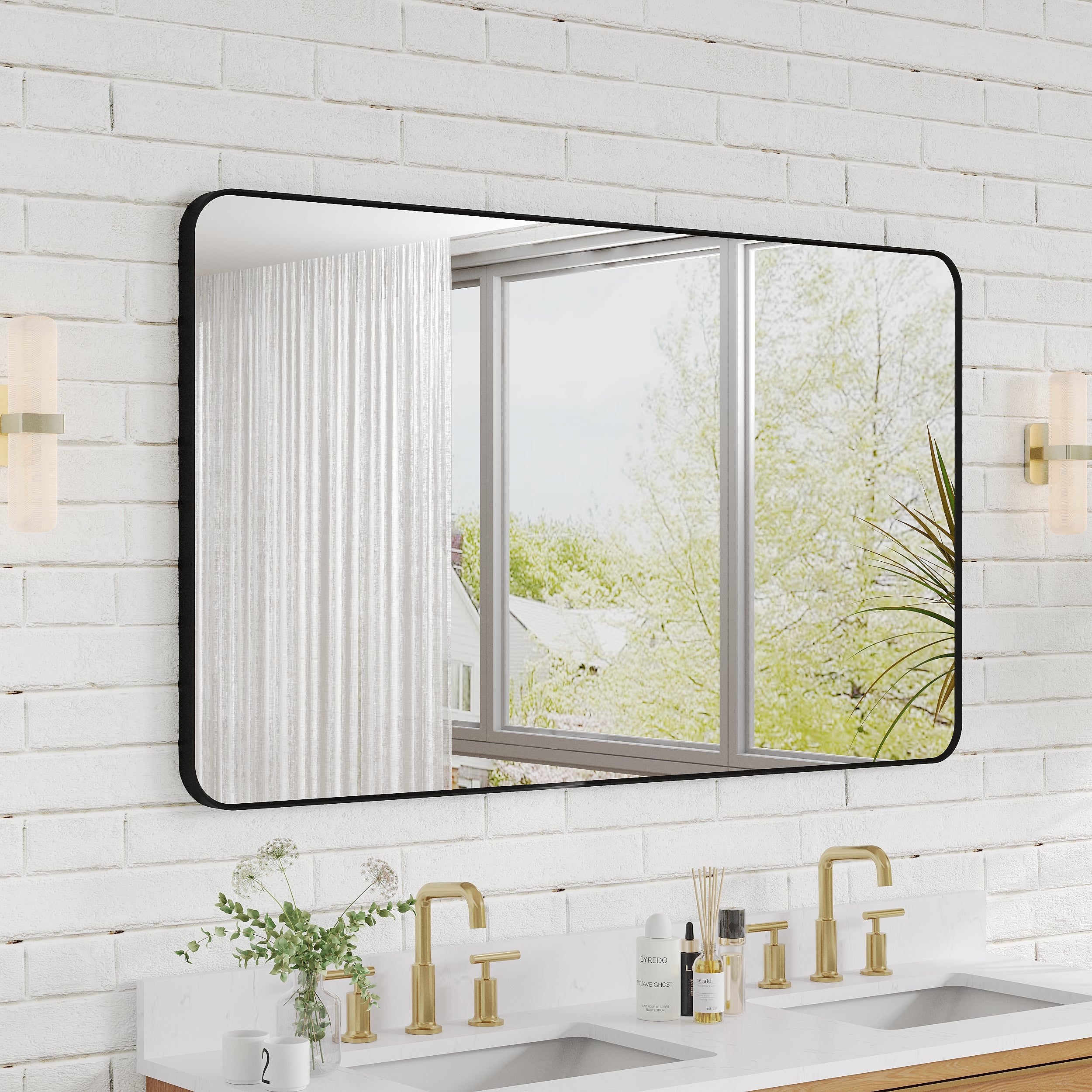 55-in W x 32-in H Black Rectangular Framed Bathroom Vanity Mirror