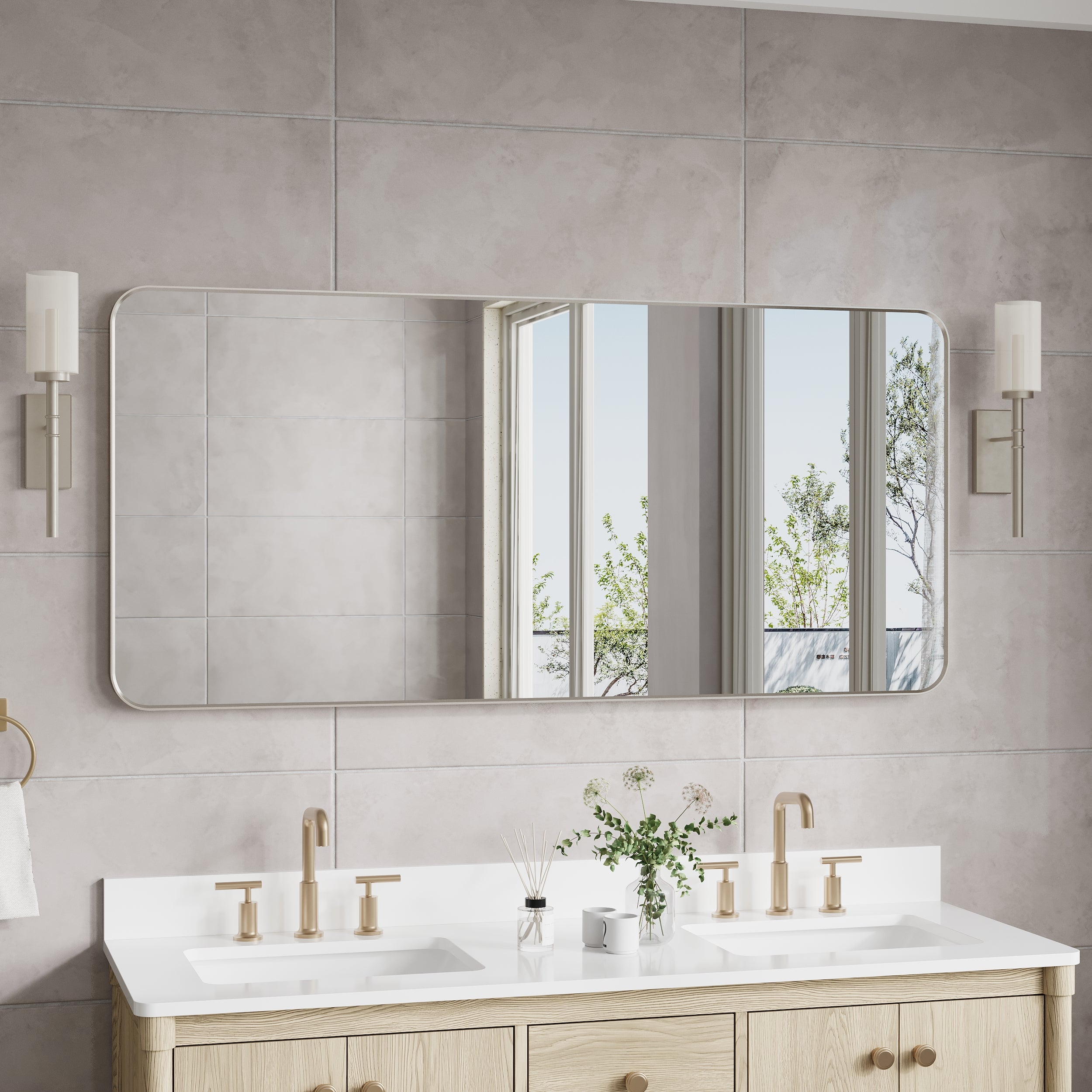 60-in W x 28-in H Brushed Nickel Rectangular Framed Bathroom Vanity Mirror