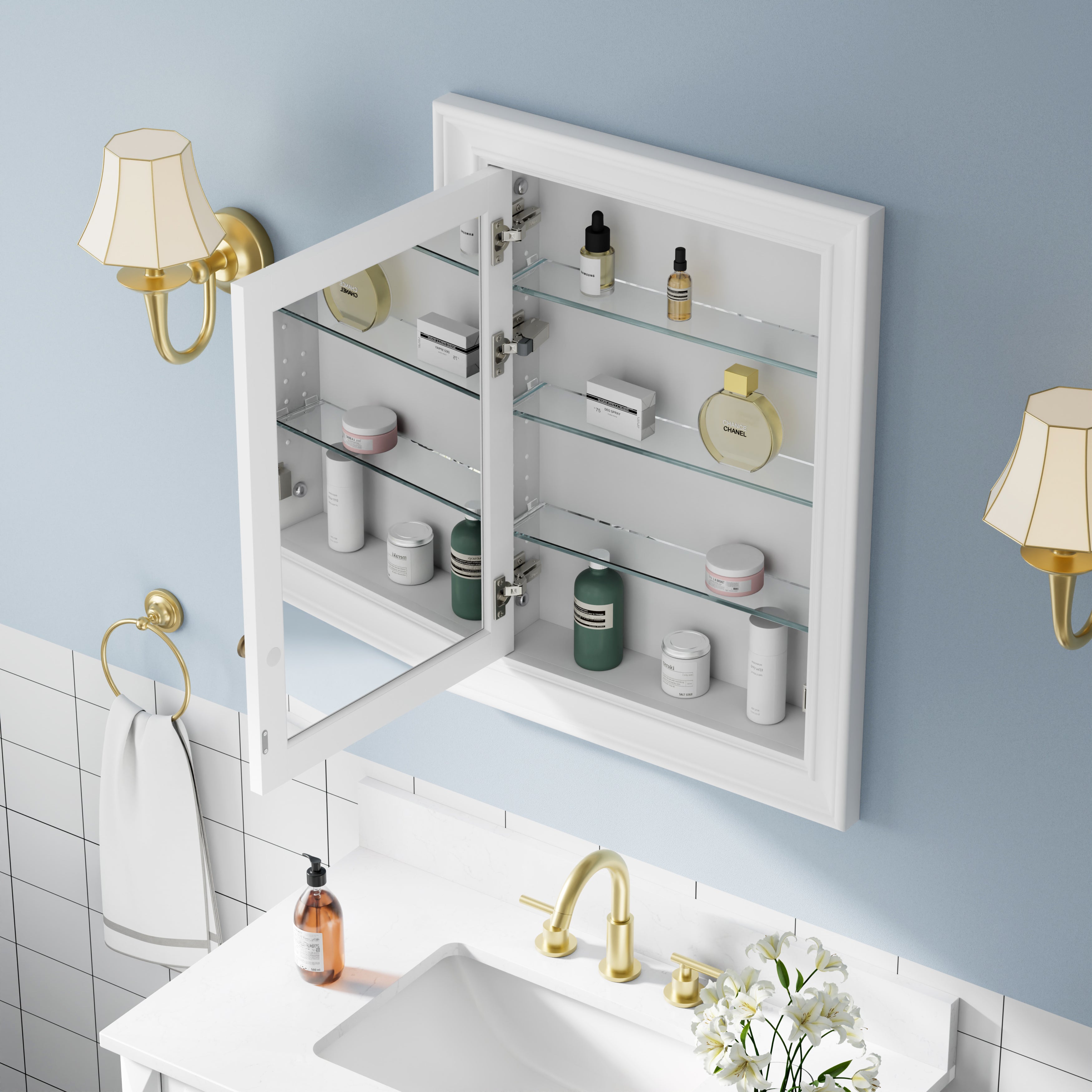 24 in.W x 32 in.H Wooden Recessed Bathroom Medicine Cabinet with Mirror in White