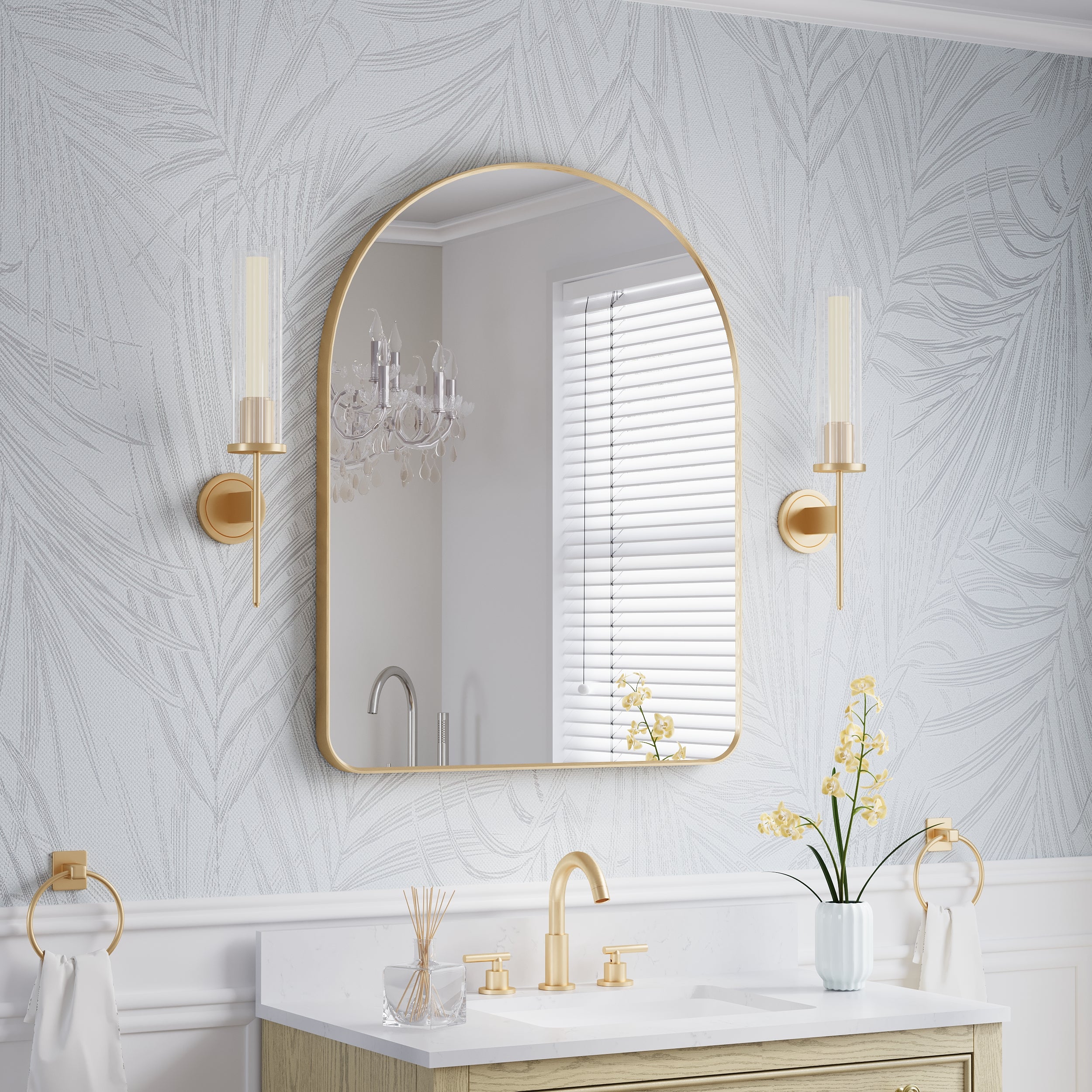 28 in. W x 36 in. H Arched Aluminum Framed Wall Bathroom Vanity Mirror in Brushed Gold