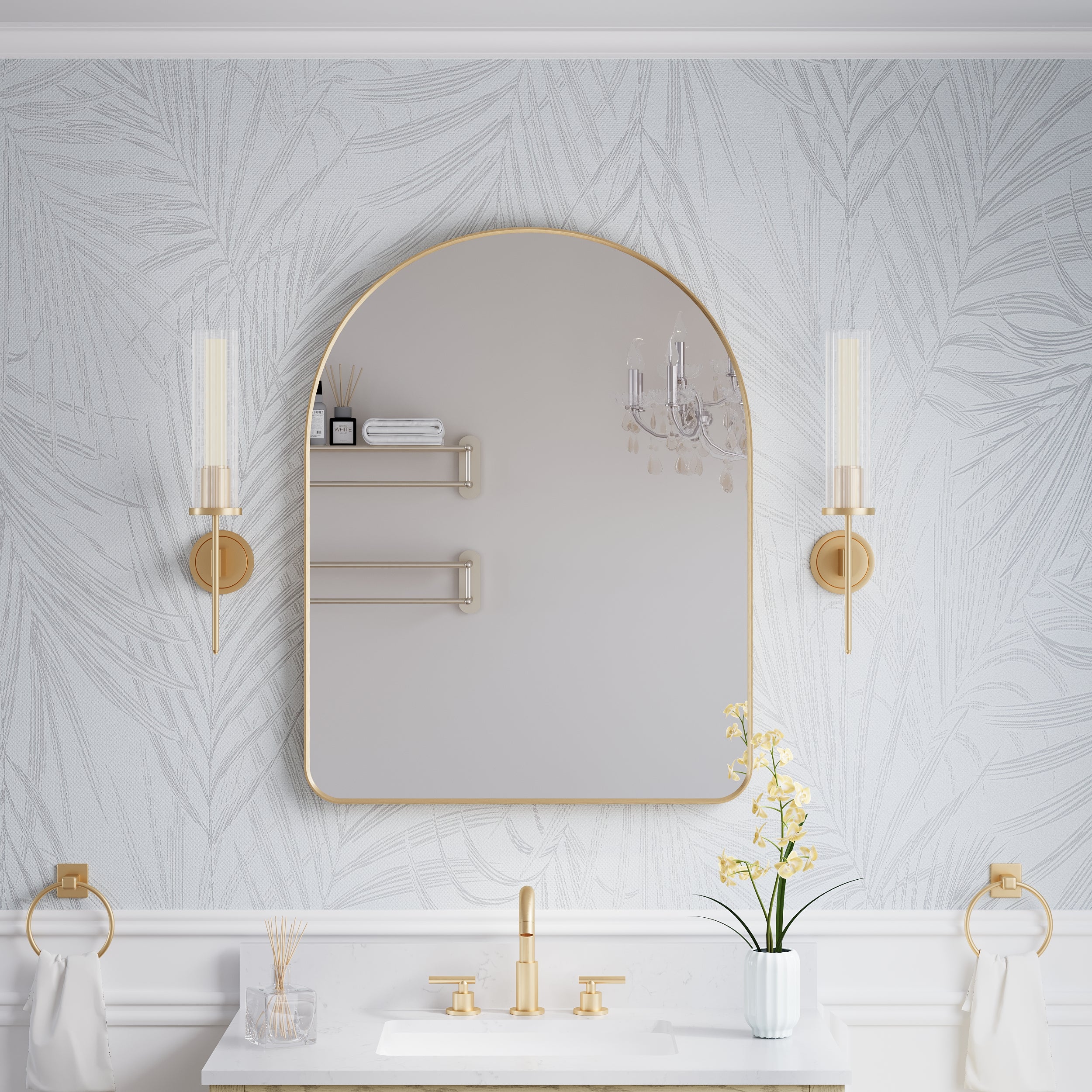 28 in. W x 36 in. H Arched Aluminum Framed Wall Bathroom Vanity Mirror in Brushed Gold