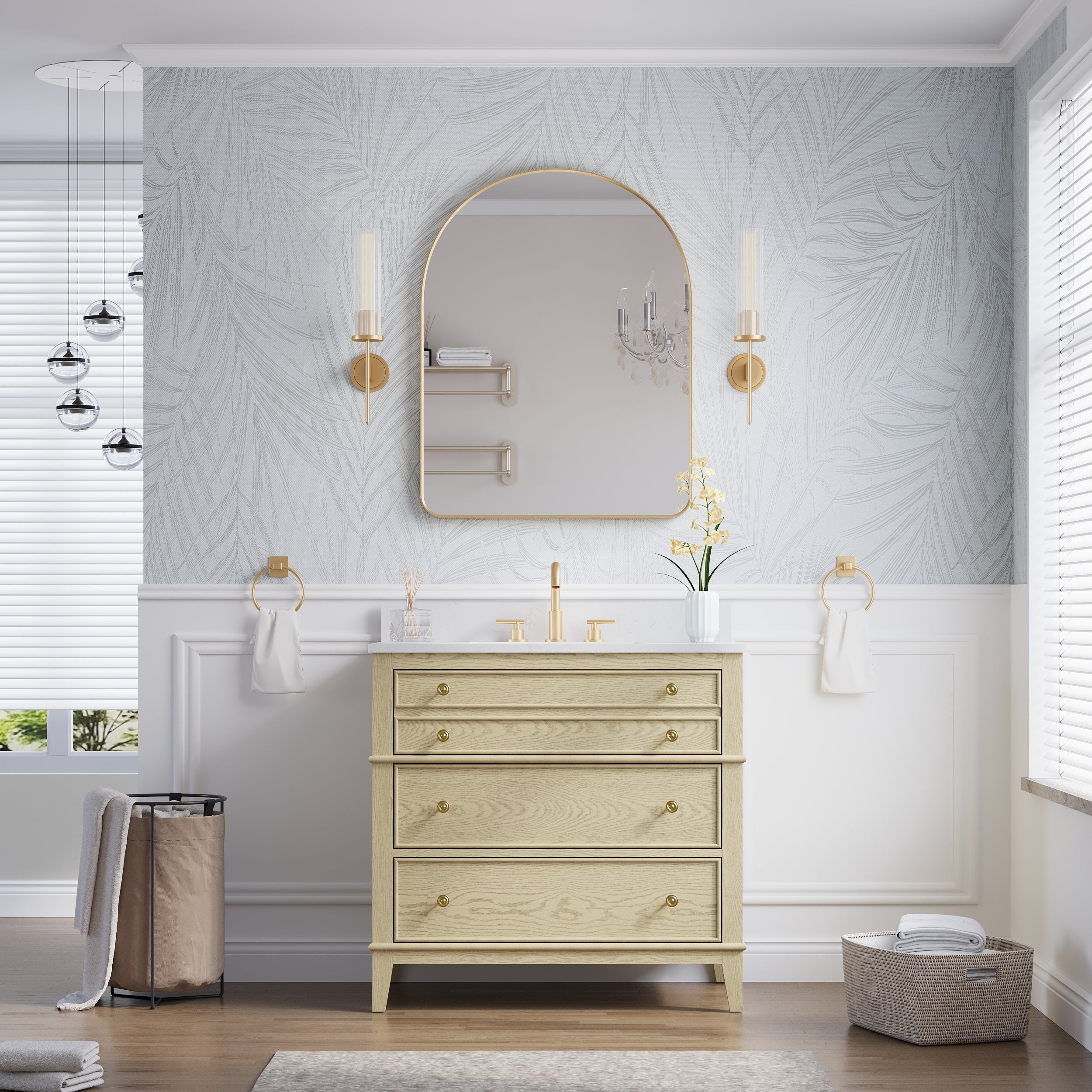 28 in. W x 36 in. H Arched Aluminum Framed Wall Bathroom Vanity Mirror in Brushed Gold