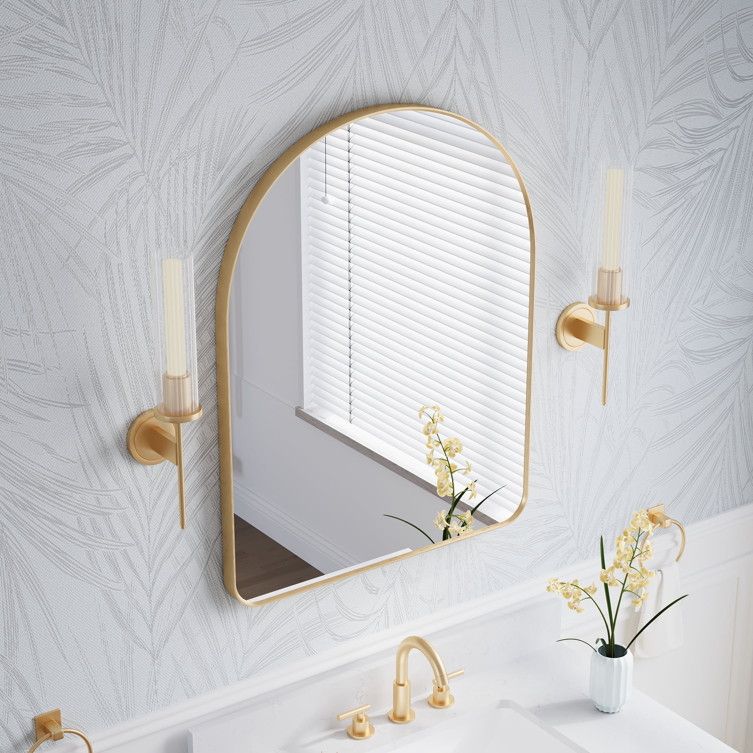 28 in. W x 36 in. H Arched Aluminum Framed Wall Bathroom Vanity Mirror in Brushed Gold