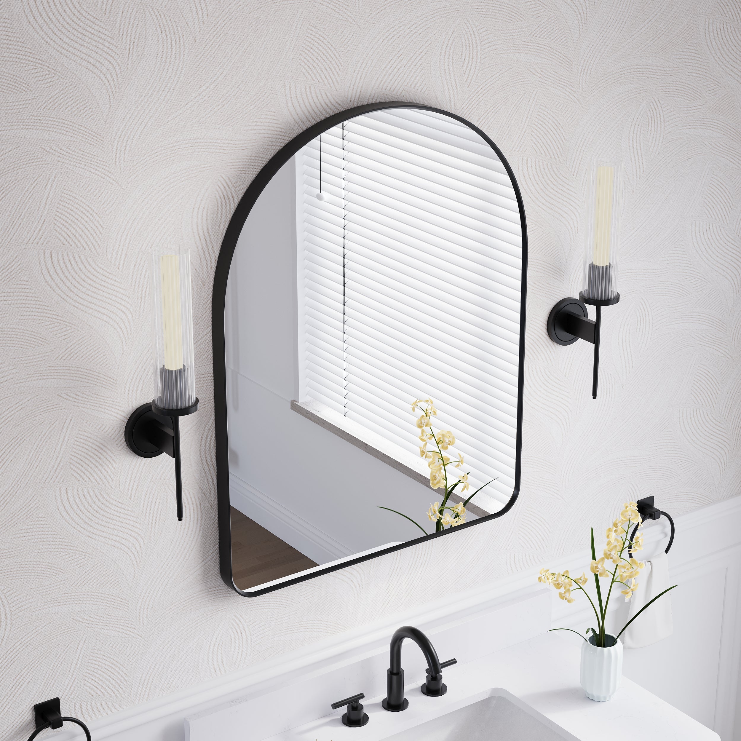 28 in. W x 36 in. H Arched Aluminum Framed Wall Bathroom Vanity Mirror in Matte Black