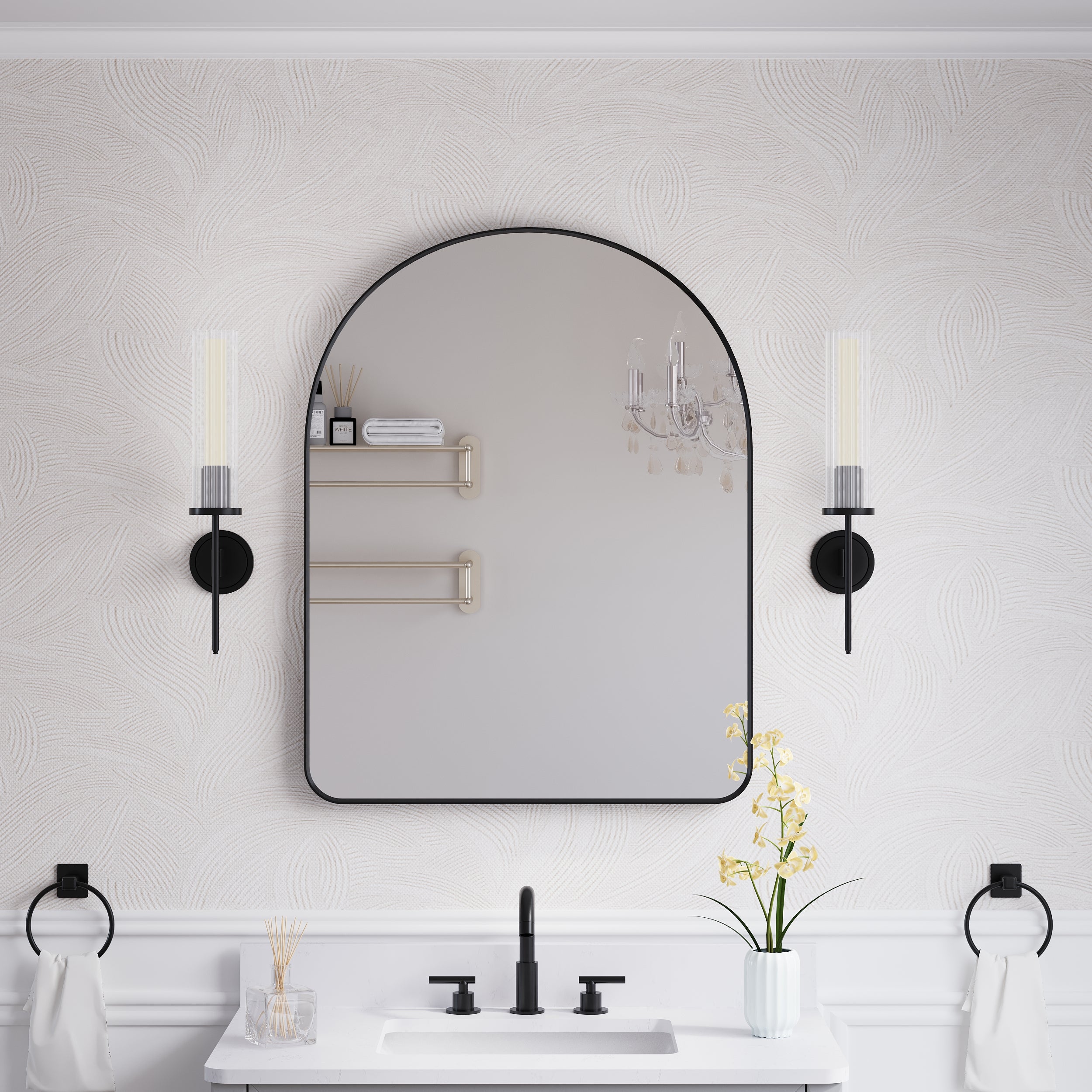 28 in. W x 36 in. H Arched Aluminum Framed Wall Bathroom Vanity Mirror in Matte Black