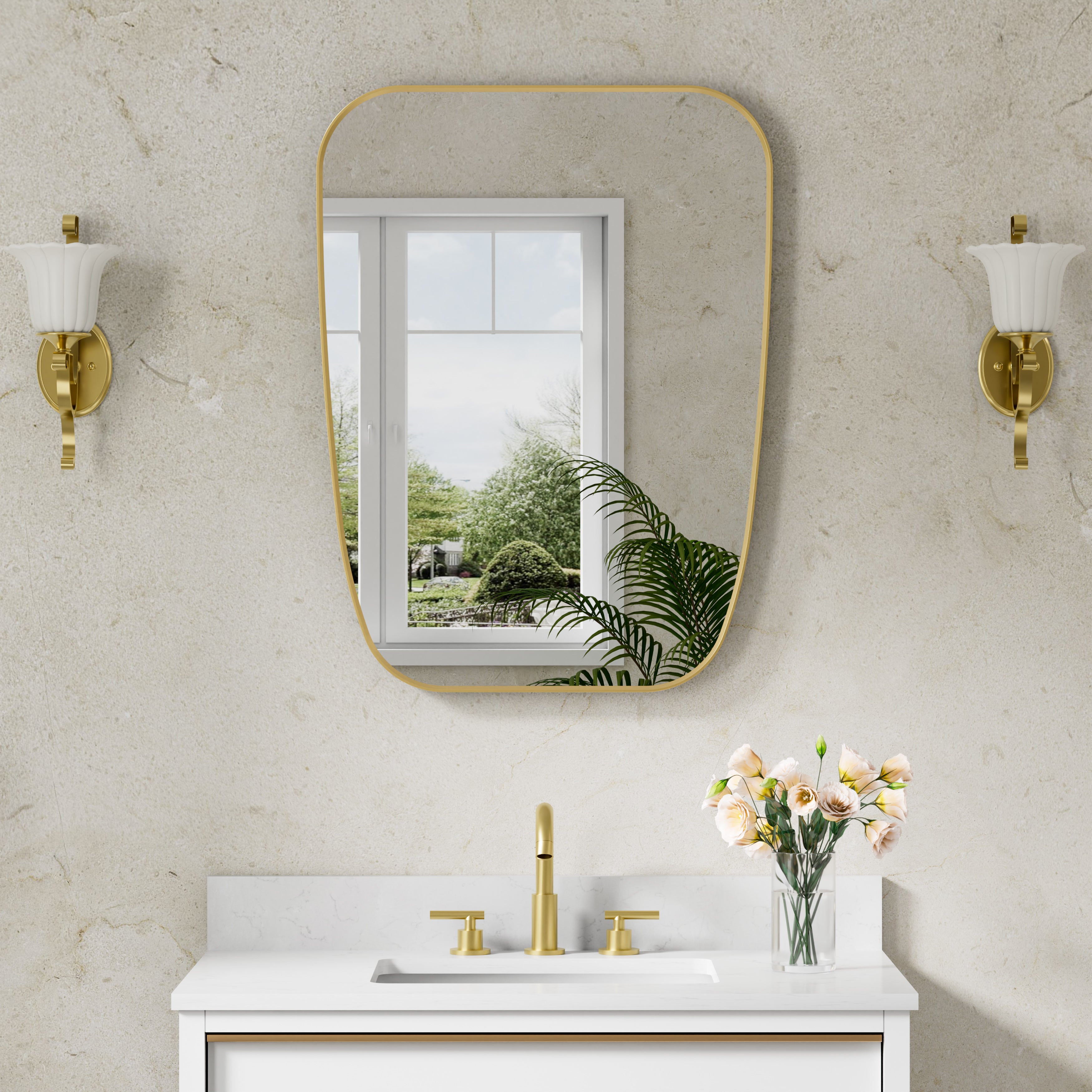 24 in. W x 32 in. H Shield Bathroom Vanity Wall Mirror without Lights Brushed Gold