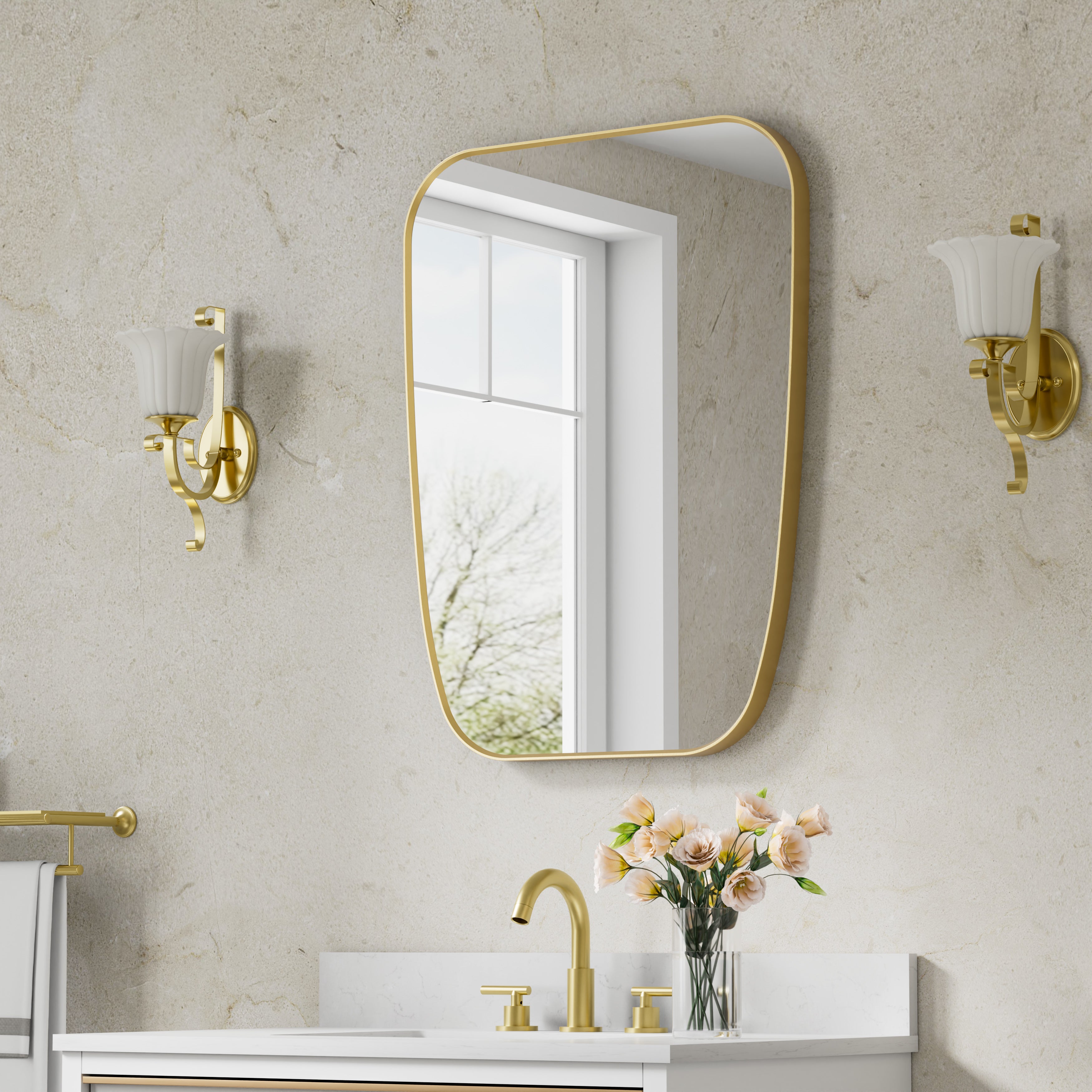 24 in. W x 32 in. H Shield Bathroom Vanity Wall Mirror without Lights Brushed Gold