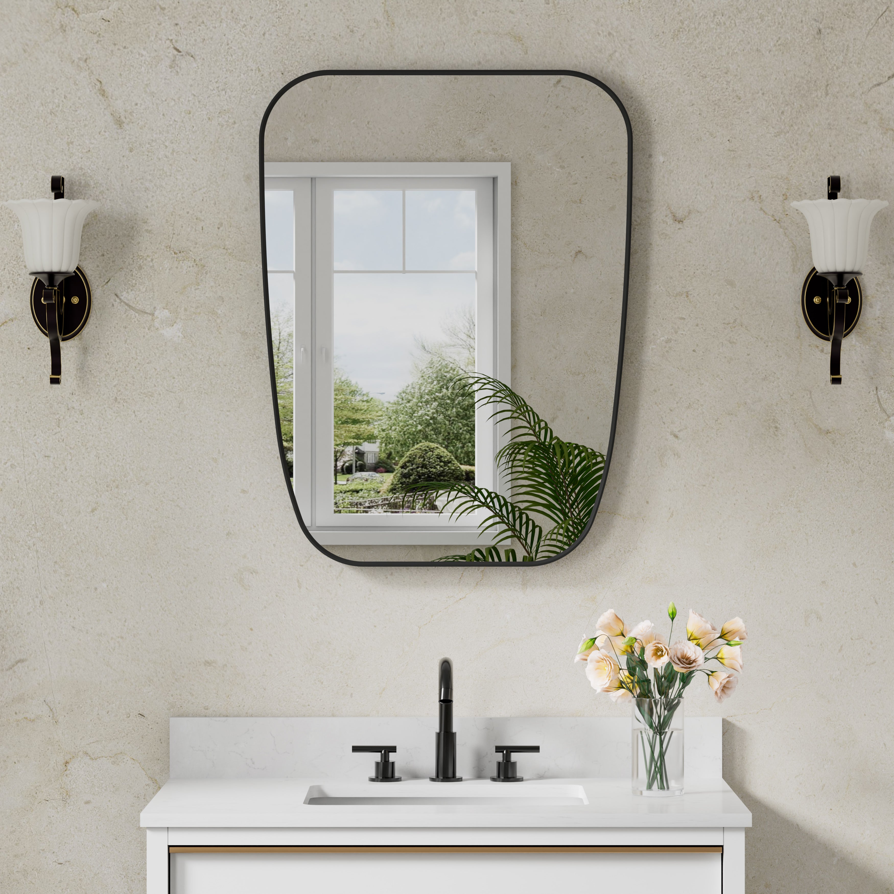 24 in. W x 32 in. H Shield Bathroom Vanity Wall Mirror without Lights Matte Black