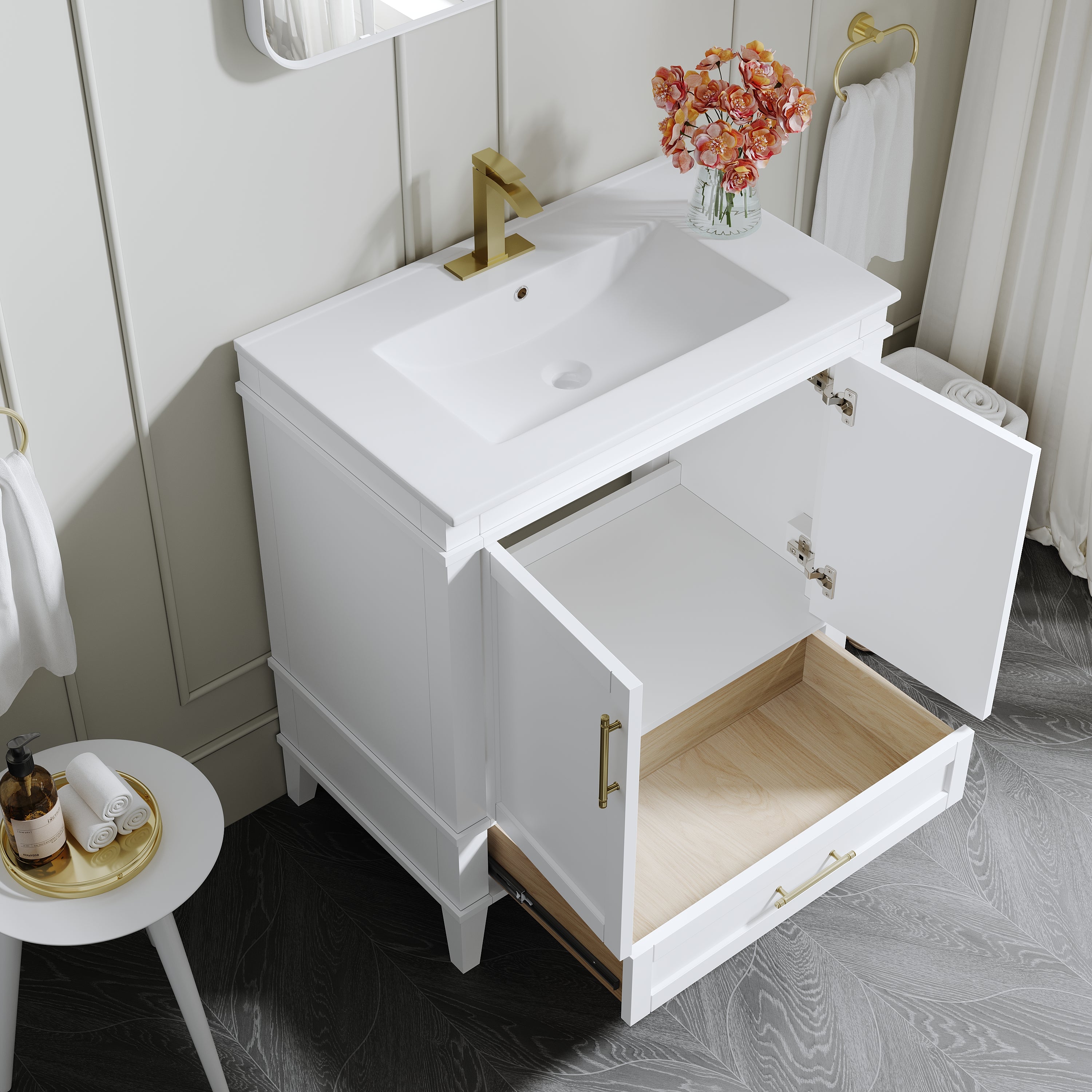 30 Inch Solid Wood Bathroom Vanity with cUPC Ceramic Sink, Brushed Gold Alloy Handles and Soft-Close Hinges