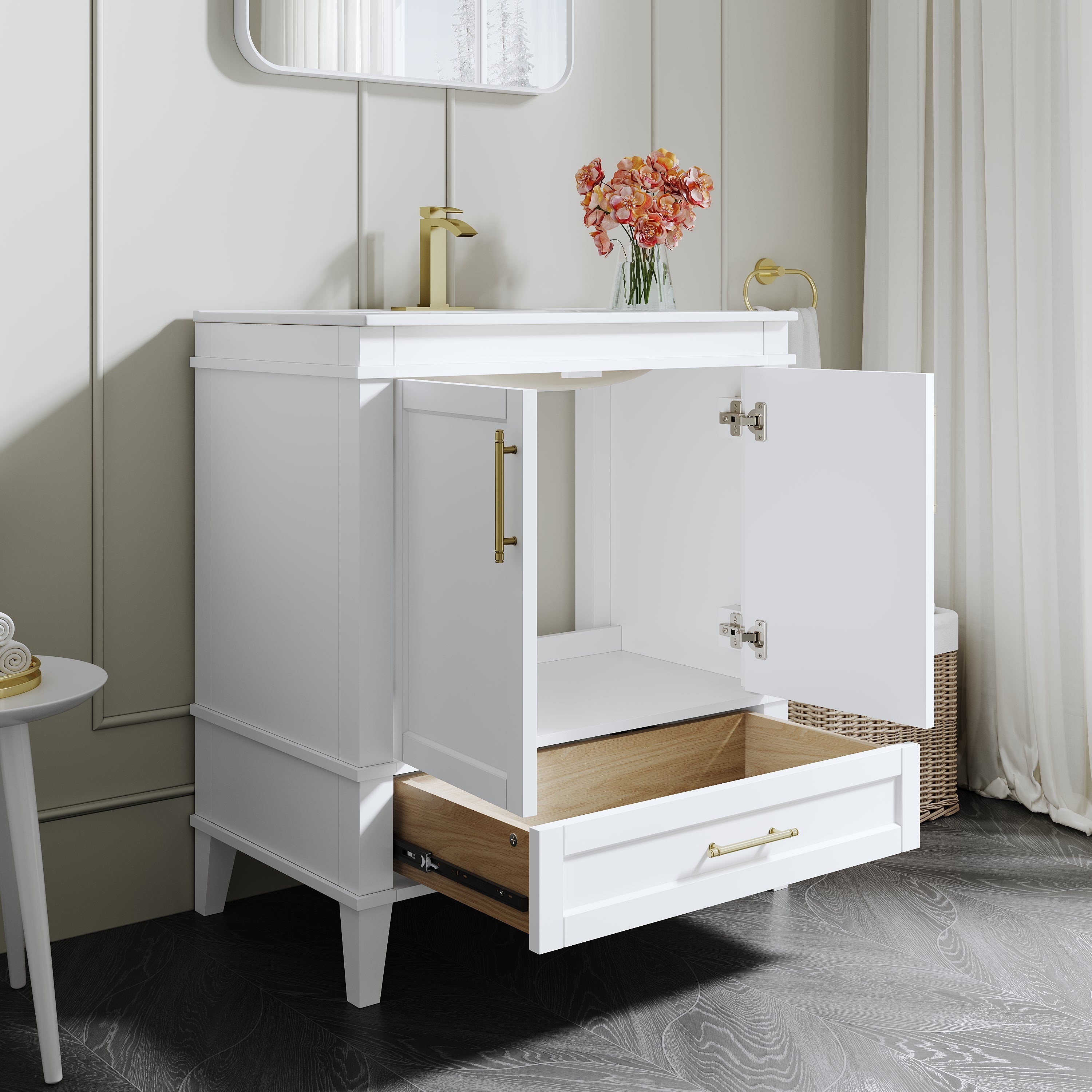 30 Inch Solid Wood Bathroom Vanity with cUPC Ceramic Sink, Brushed Gold Alloy Handles and Soft-Close Hinges
