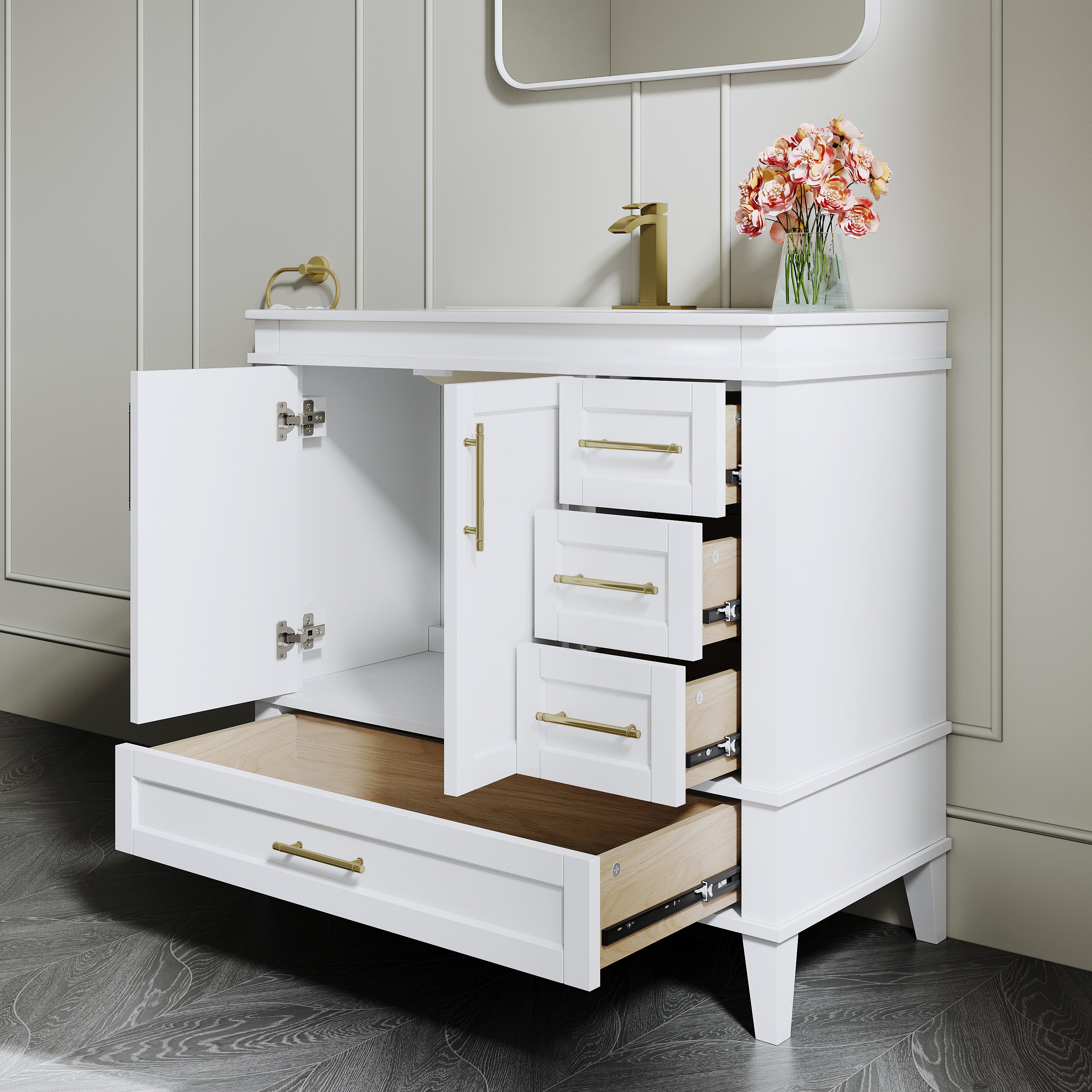 36 Inch Solid Wood Bathroom Vanity with cUPC Ceramic Sink, Brushed Gold Alloy Handles and Soft-Close Hinges