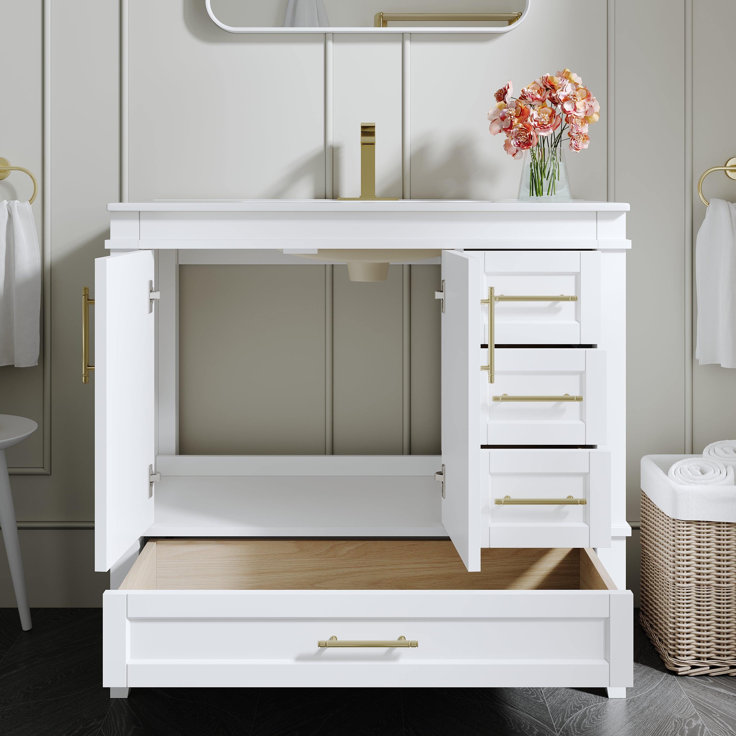 36 Inch Solid Wood Bathroom Vanity with cUPC Ceramic Sink, Brushed Gold Alloy Handles and Soft-Close Hinges
