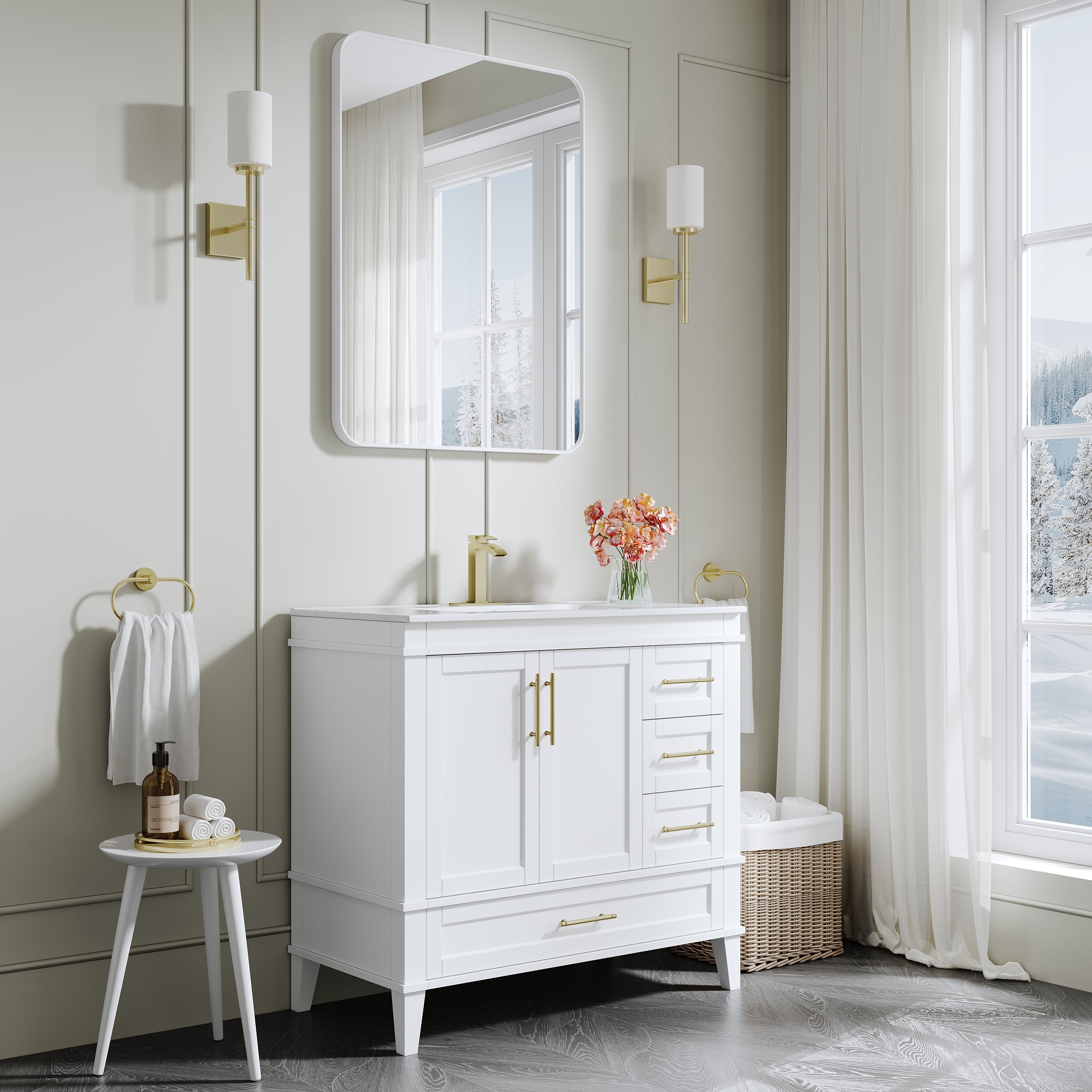 36 Inch Solid Wood Bathroom Vanity with cUPC Ceramic Sink, Brushed Gold Alloy Handles and Soft-Close Hinges
