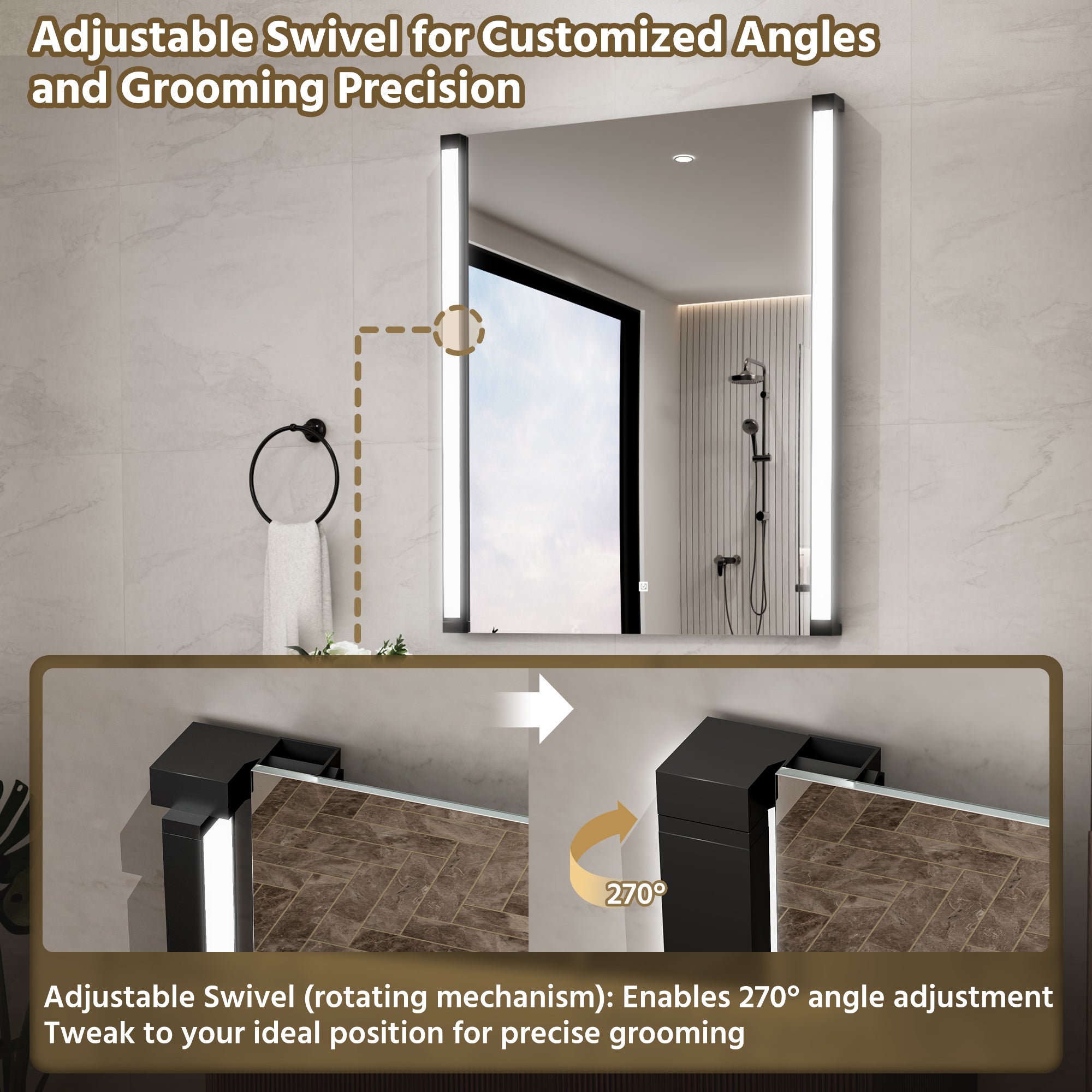30 In. X 36 In. LED Bathroom Mirror With 270 Degrees Swivel Function, Dimmable Lighting & Memory Function