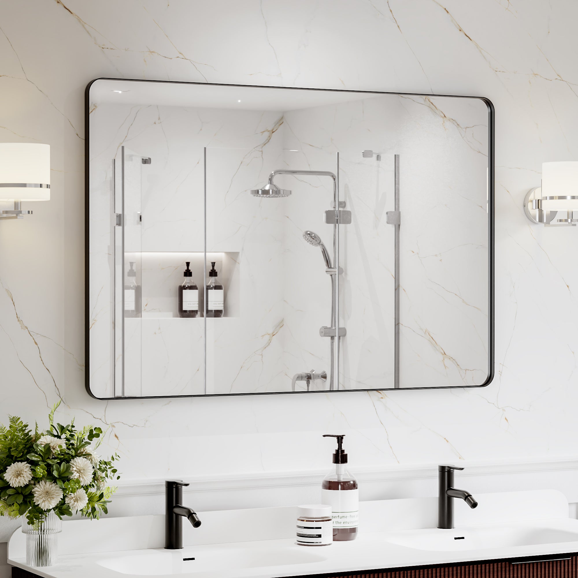 48 in. W x 32 in. H Black Bathroom Wall Mirror, Minimalist Aluminum Framed Vanity Mirror (Vertical/Horizontal)