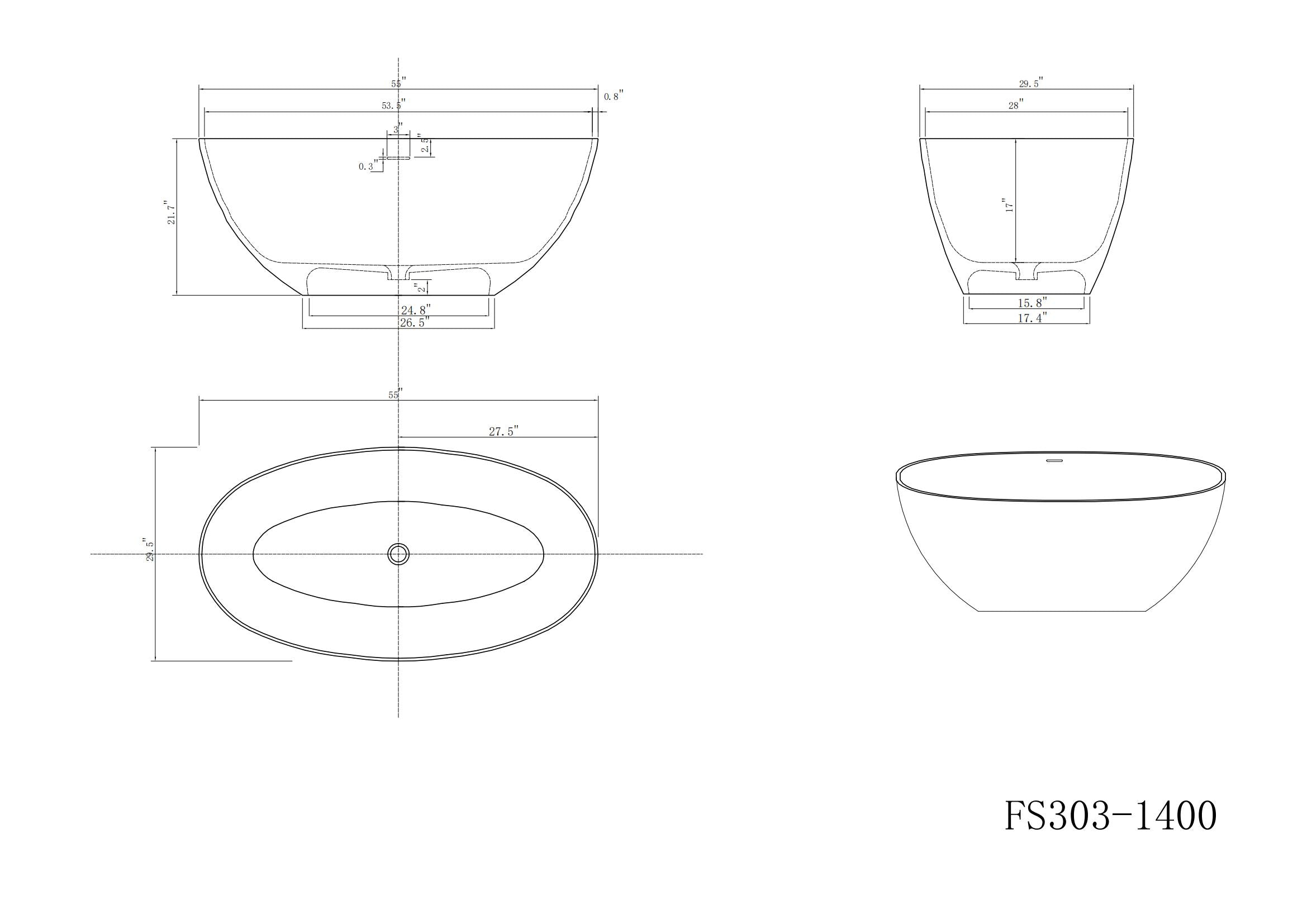 55"/61"/65" Stone Resin Solid Surface Flatbottom Free-Standing Bathtub