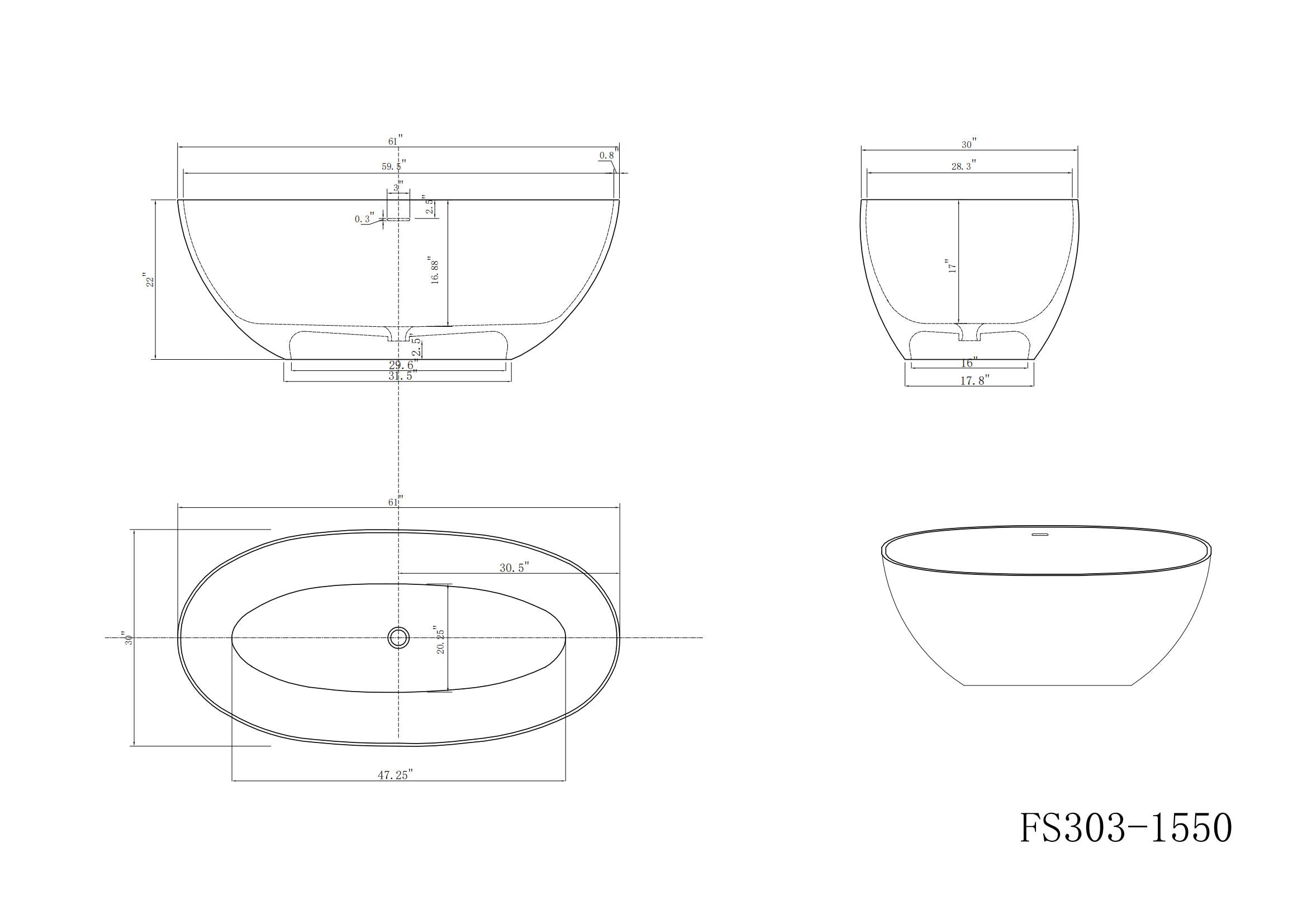 55"/61"/65" Stone Resin Solid Surface Flatbottom Free-Standing Bathtub