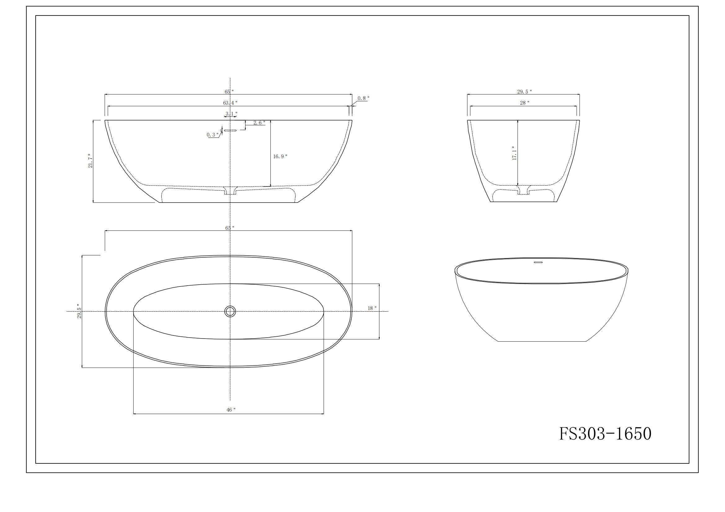 55"/61"/65" Stone Resin Solid Surface Flatbottom Free-Standing Bathtub