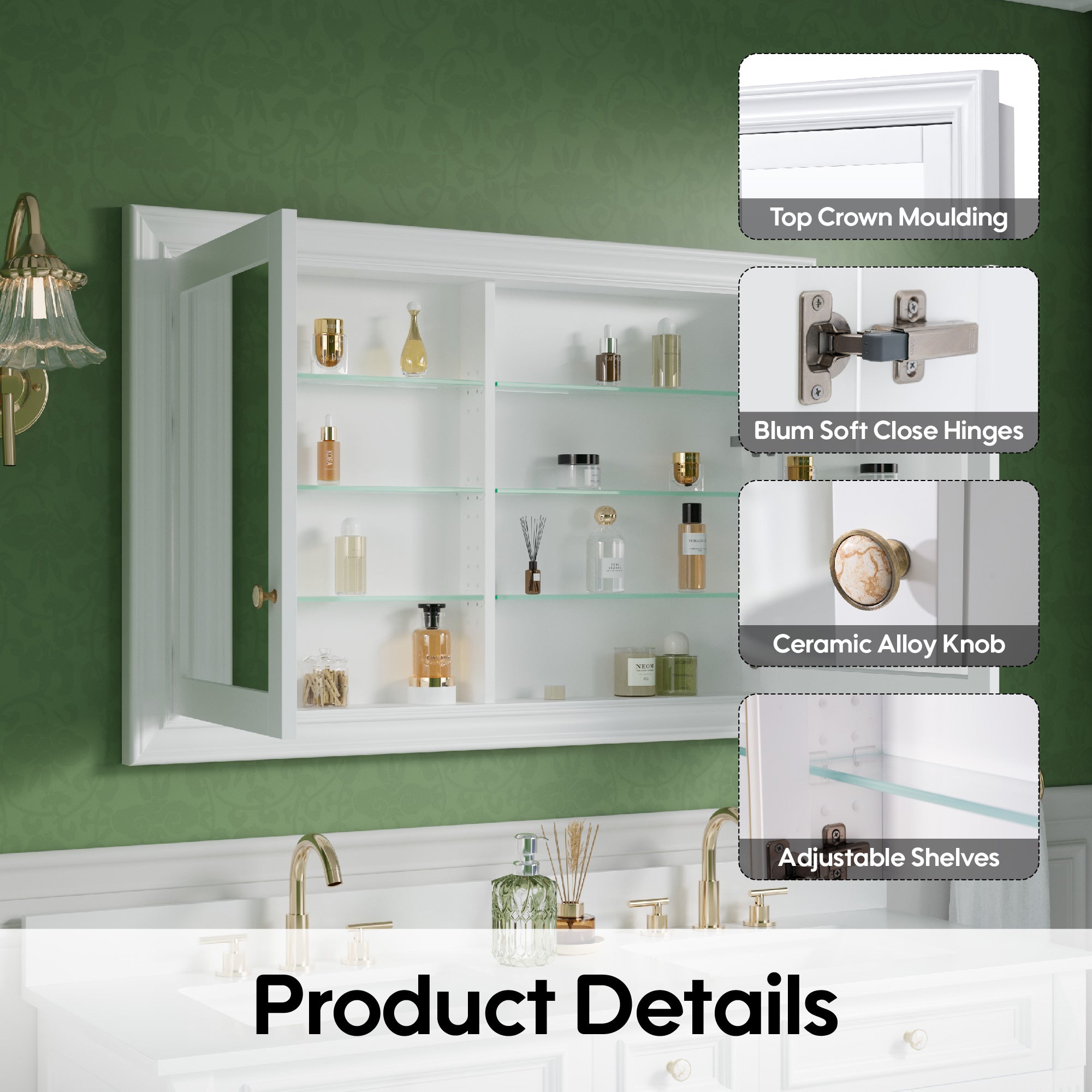 48 in.W x 32 in.H Recessed Bathroom Medicine Cabinet with Mirror in White