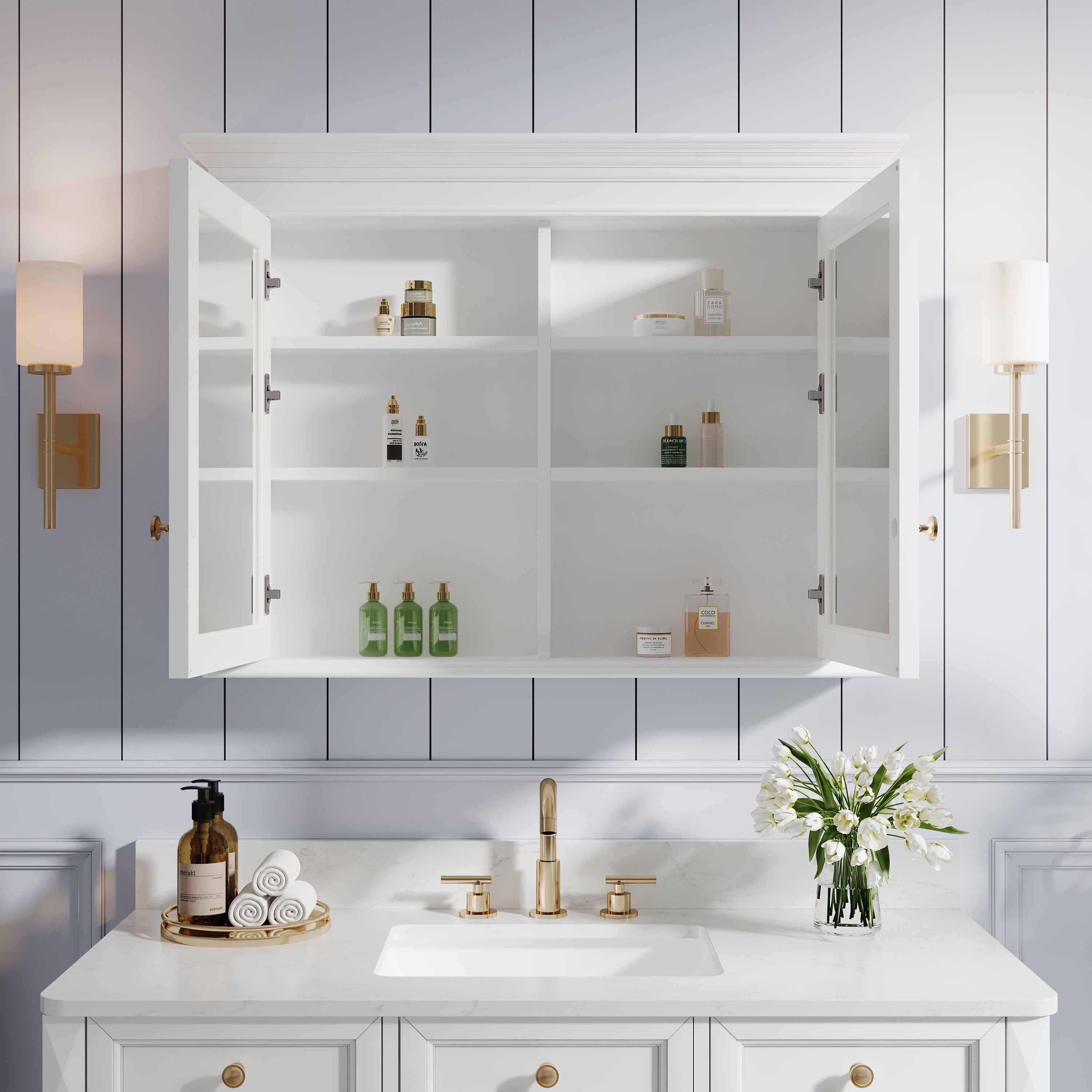 40 in. W x 30 in. H Rectangular Solid Wood Surface-Mount Medicine Cabinet with Mirror in White