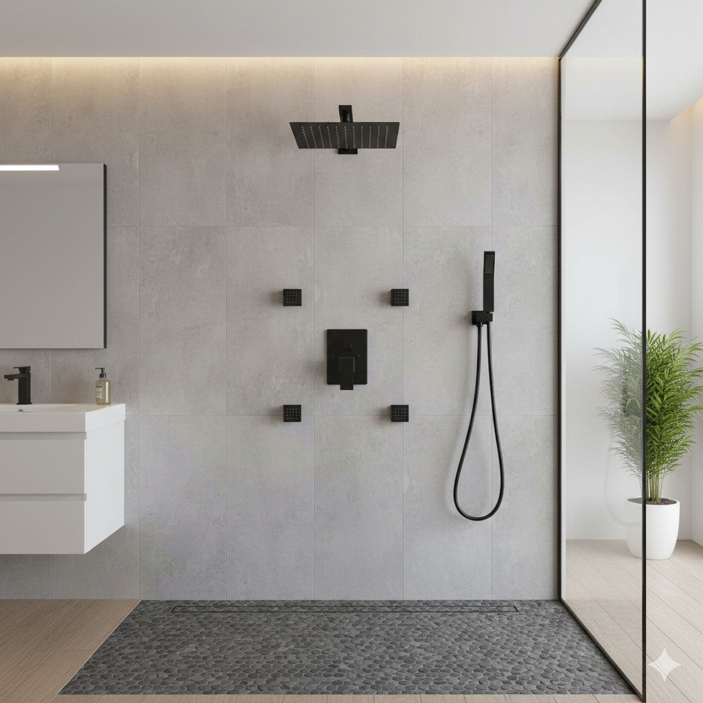 10 inch 3-Spray Patterns with 2.5 GPM Wall Mounting Dual Shower Heads in Matte Black with 4-Jets