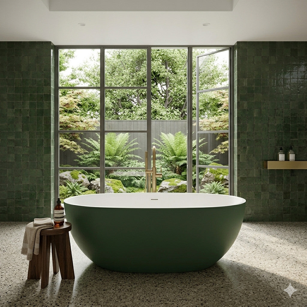 65" Stone Resin Solid Surface Flatbottom Freestanding Bathtub Inside White Outside Green