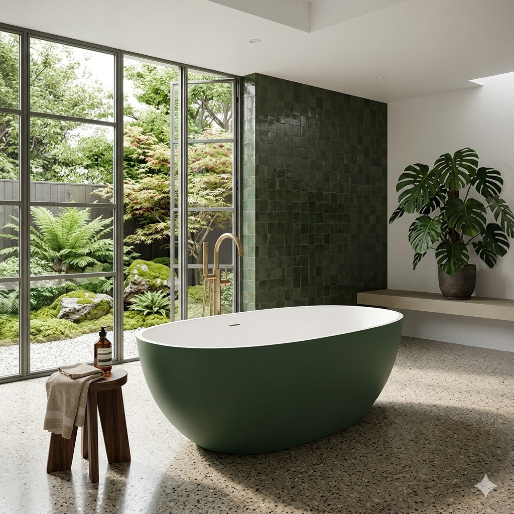 65" Stone Resin Solid Surface Flatbottom Freestanding Bathtub Inside White Outside Green
