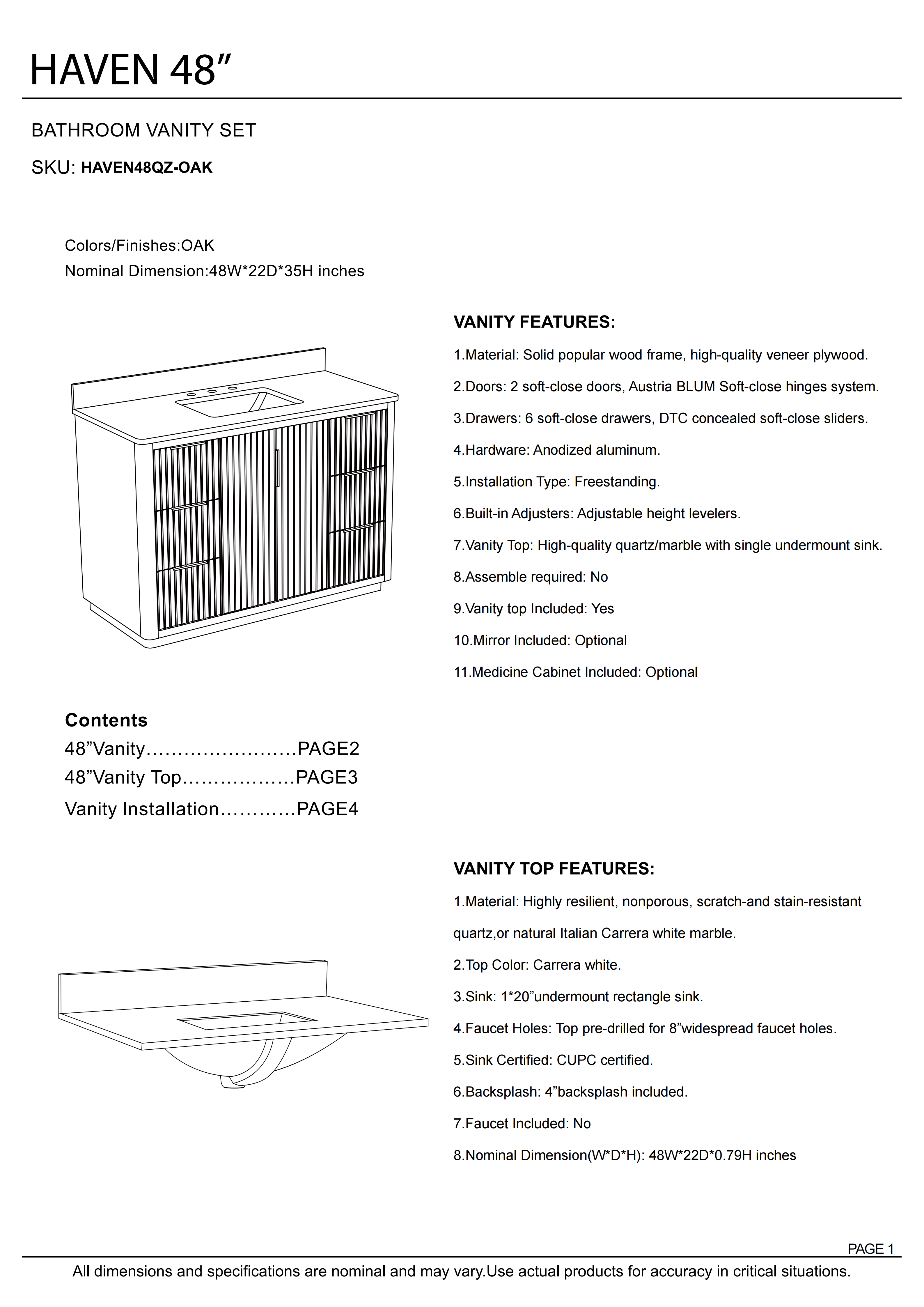 48 in. Oak Freestanding Solid Wood Bathroom Vanity with Carrara White Quartz Countertop